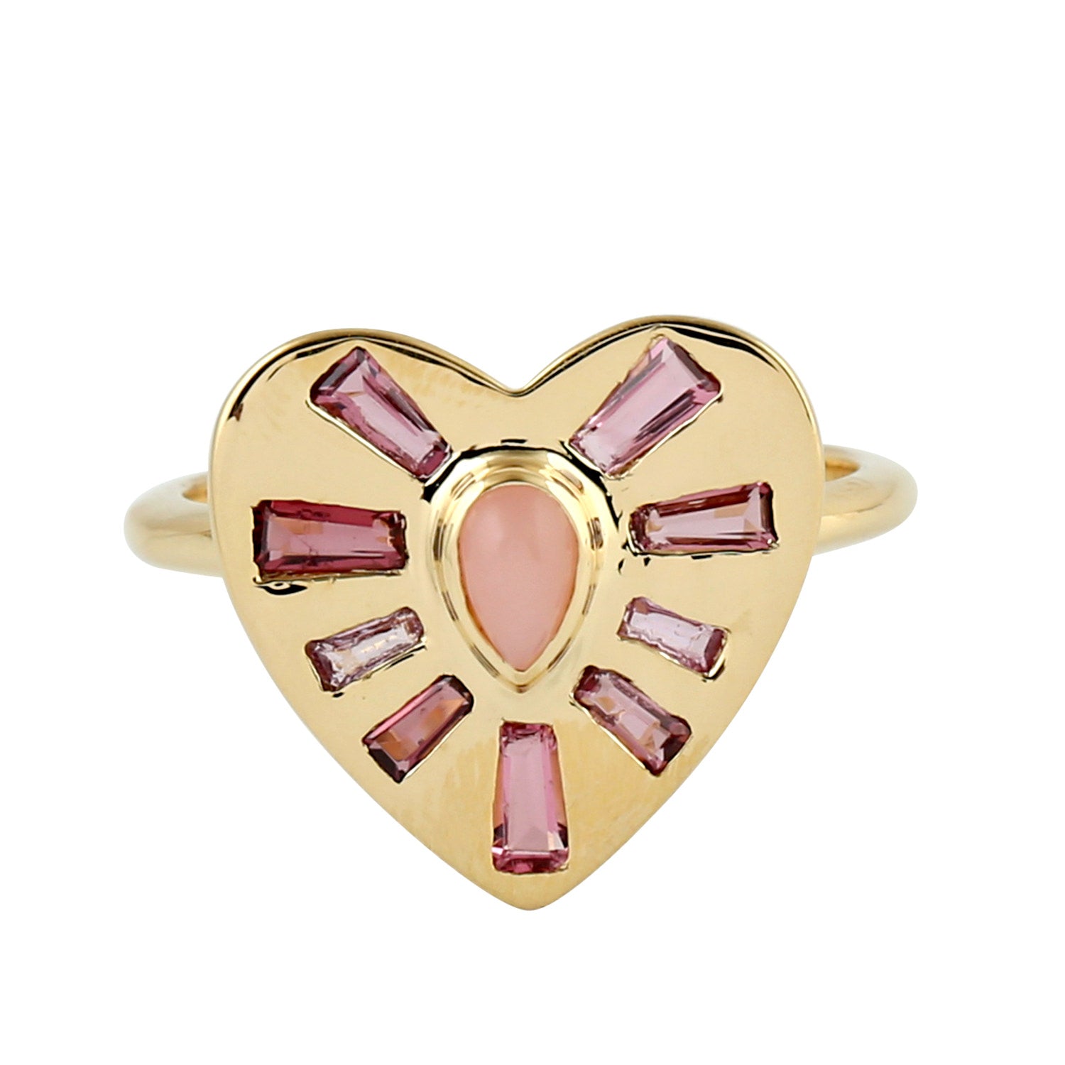 Solid 18k Yellow Gold In Bezel Set Baguette Multi Gemstone Heart Shape Cocktail Ring