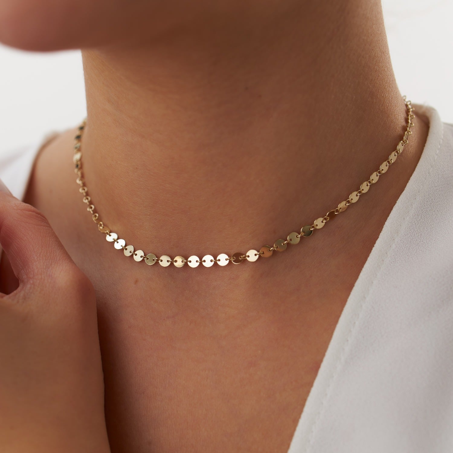 Solid Gold Circle Chain Necklace, Circle Chain Choker Necklace