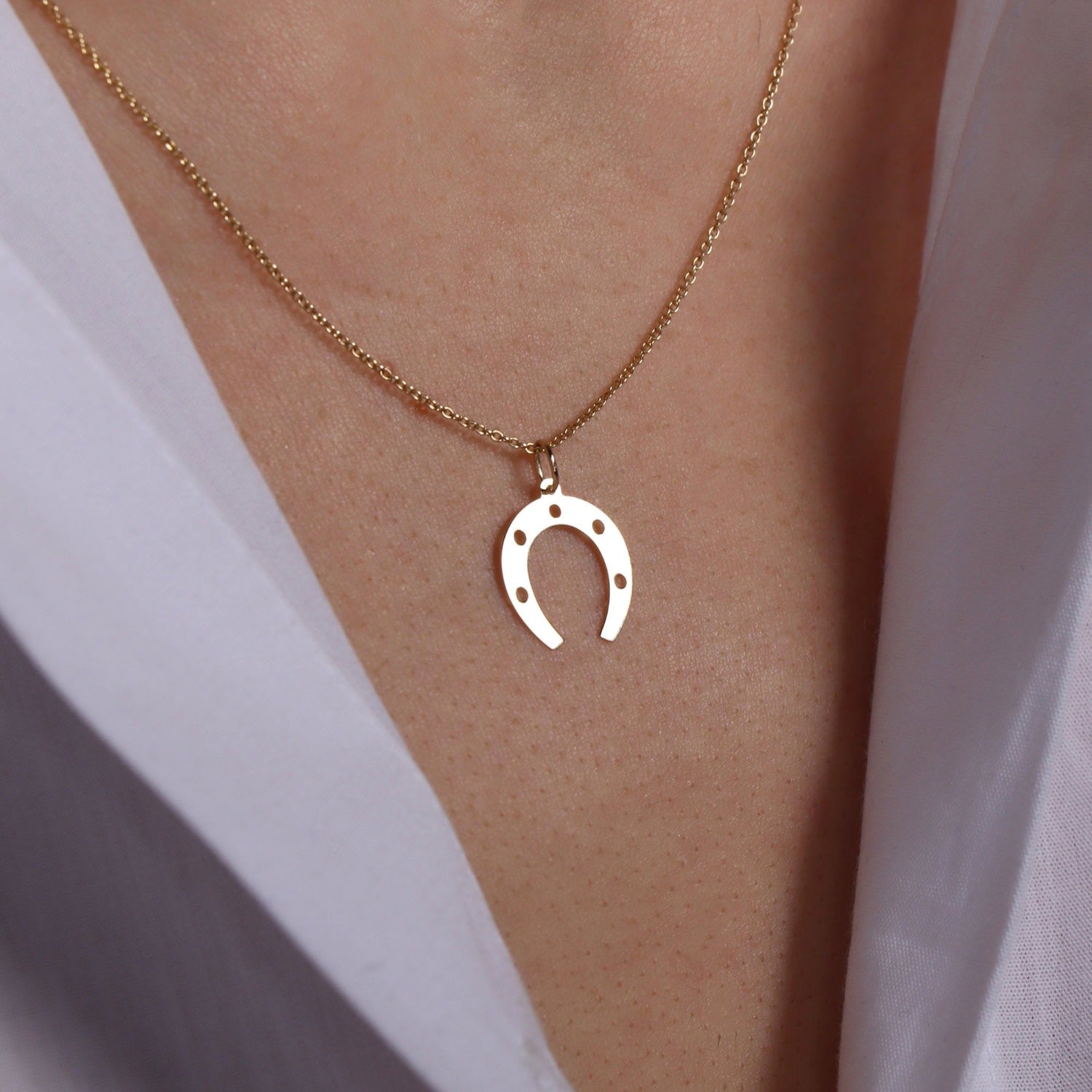 Solid Gold Horseshoe Charm Necklace