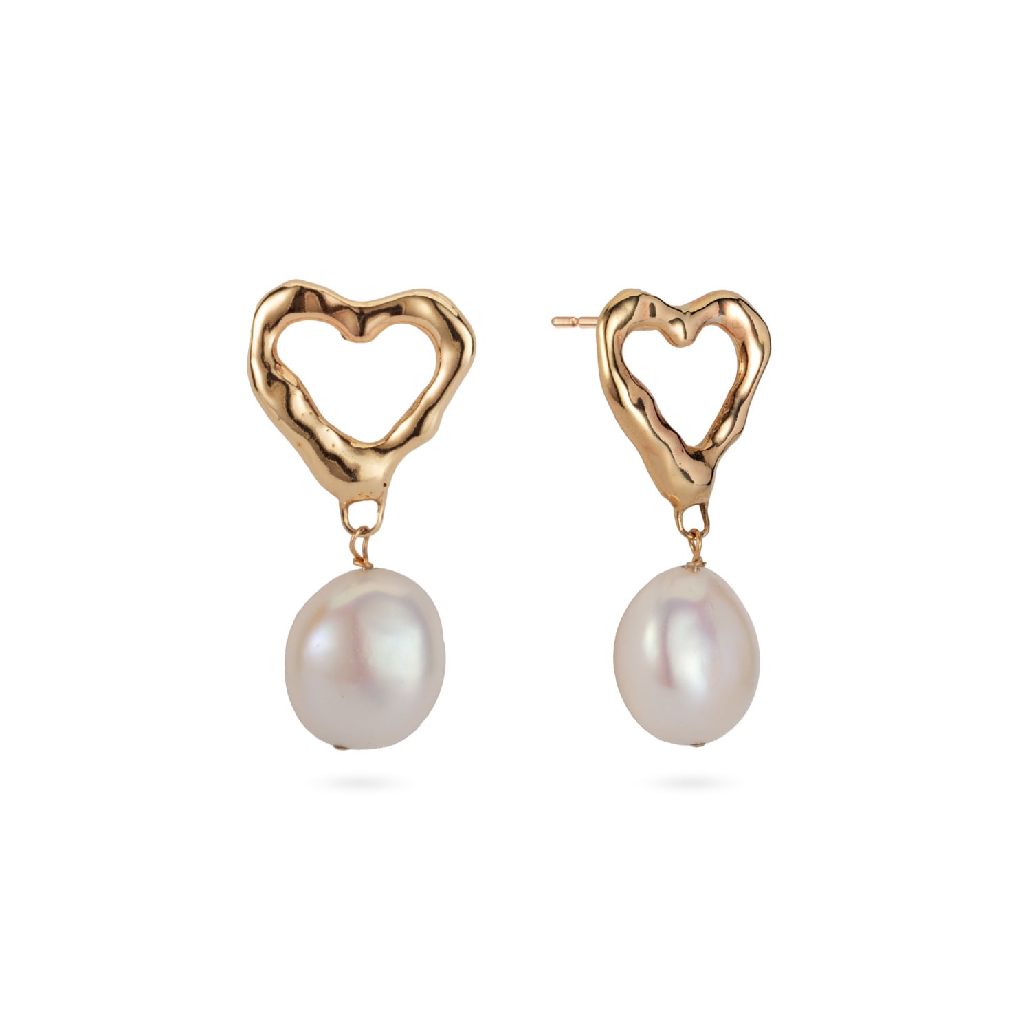Solid Nine Carat Gold Heart Stud Earrings With Drop Pearl