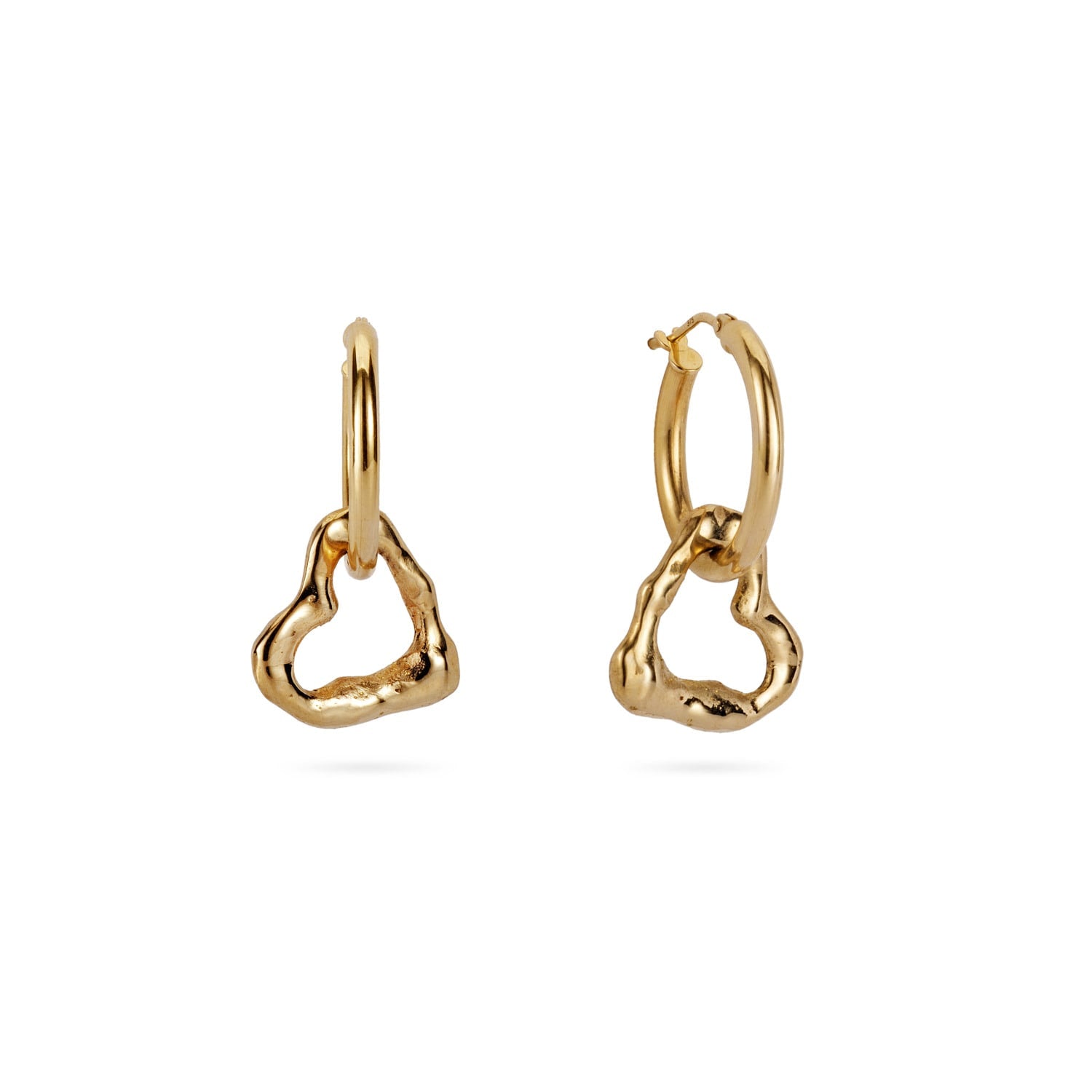 Solid Nine Carat Gold Hoop Earrings With Drop Molten Heart