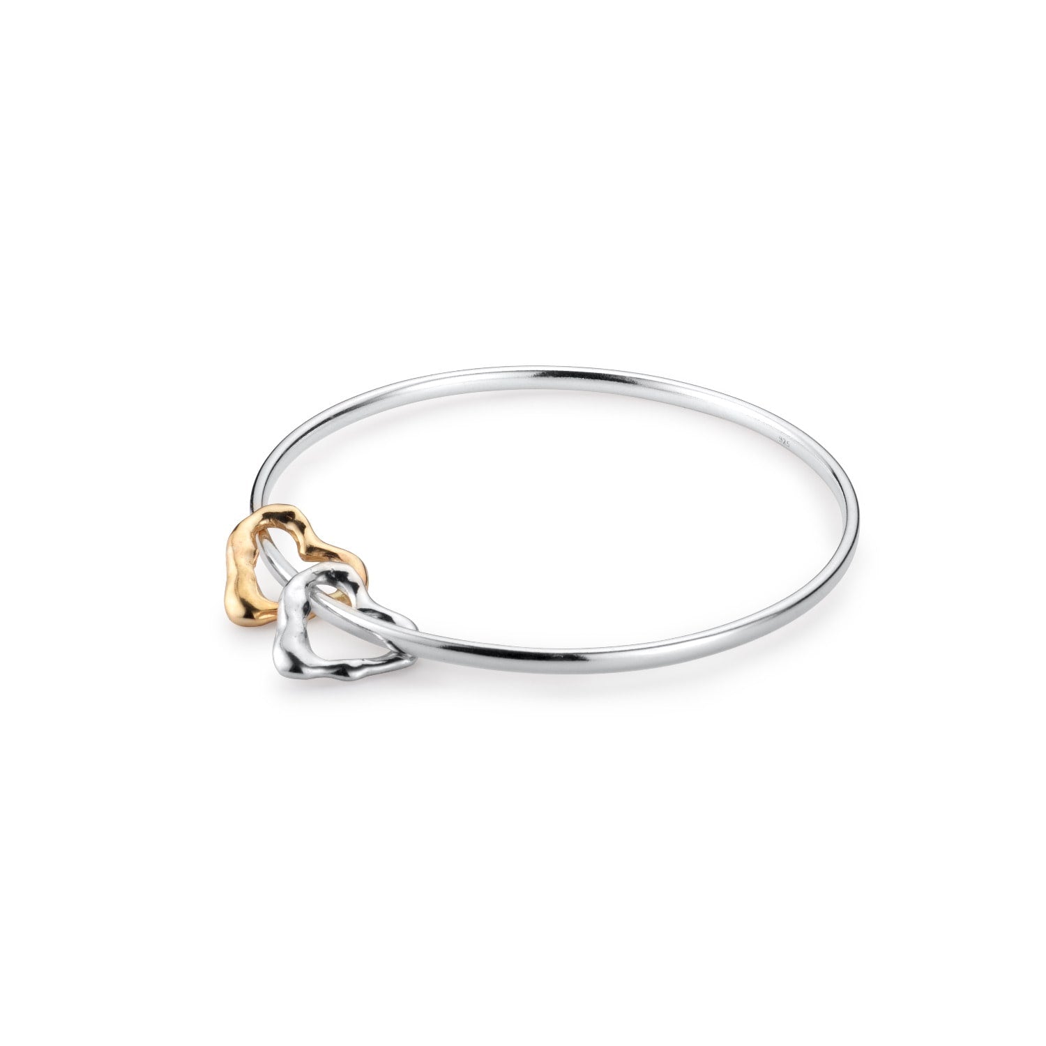 Solid Sterling Silver Charm Bangle With Nine Carat Gold And Sterling Silver Molten Hearts