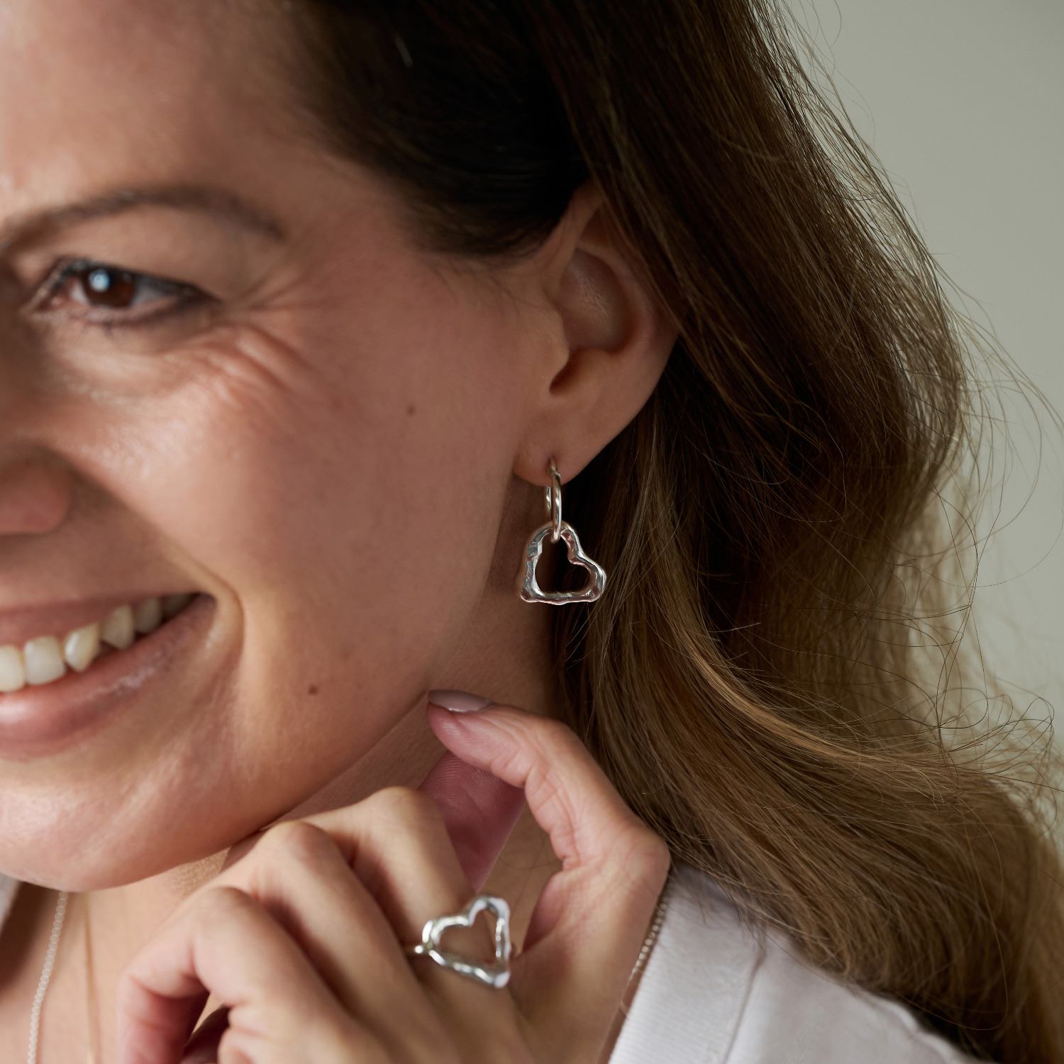 Solid Sterling Silver Hoop Earrings With Drop Molten Heart