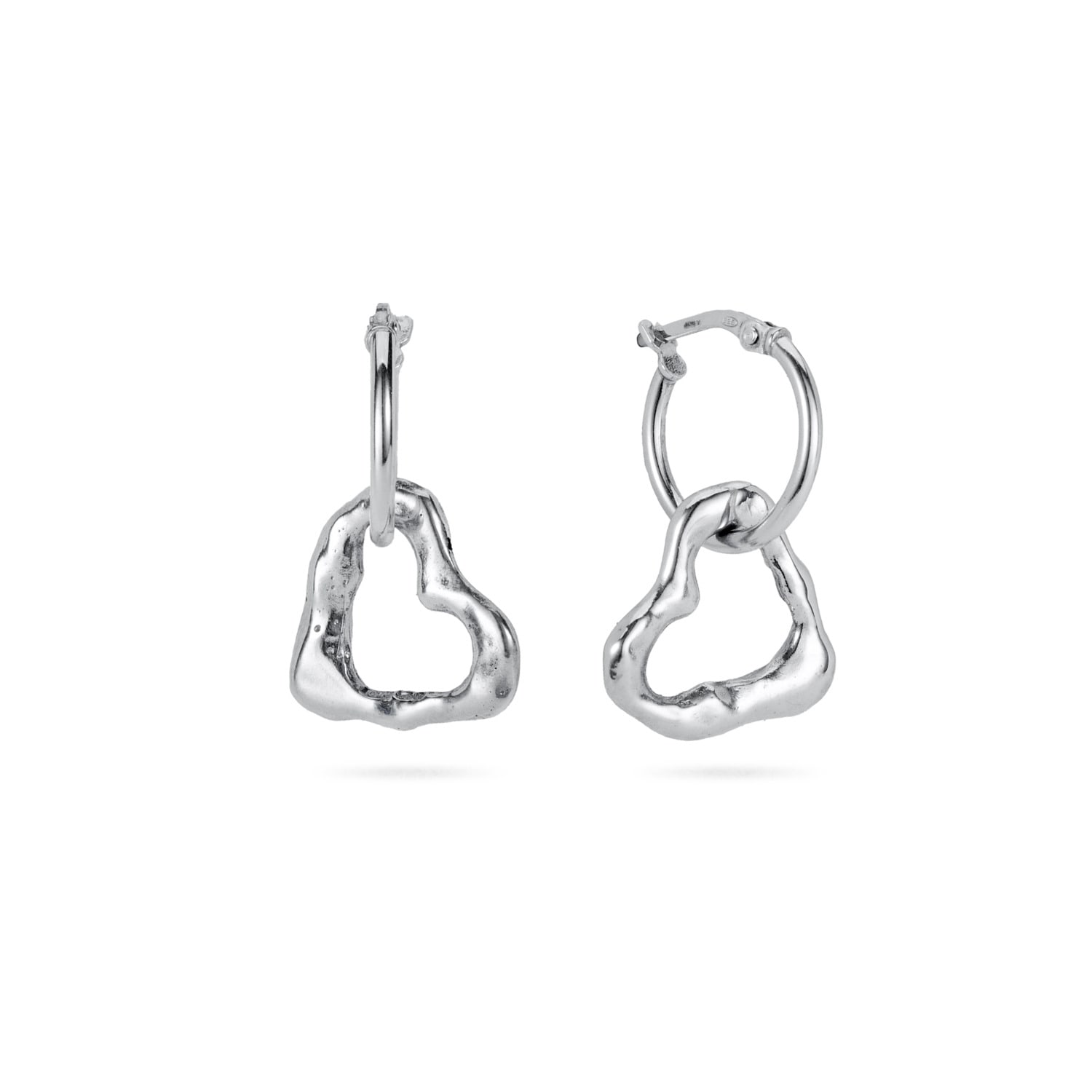 Solid Sterling Silver Hoop Earrings With Drop Molten Heart