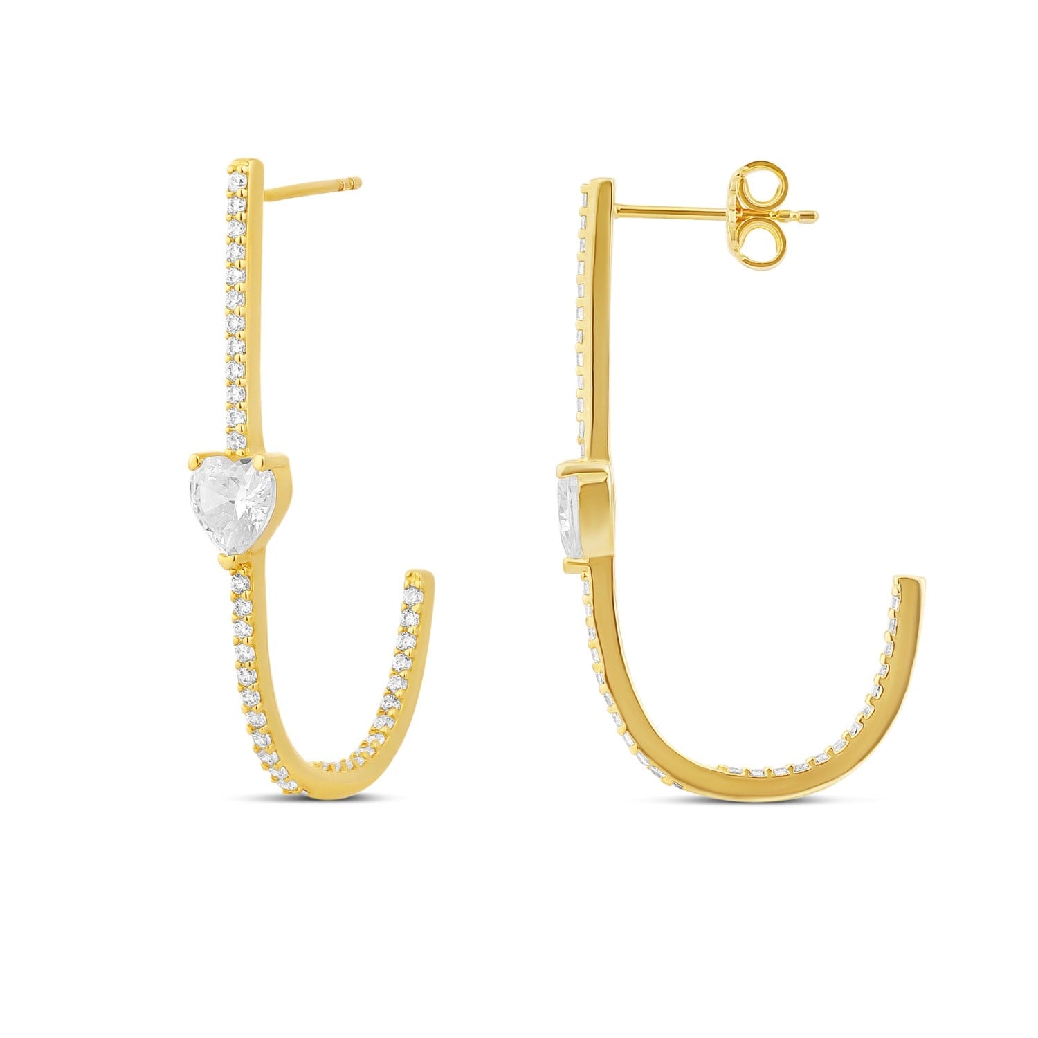 Solitaire Heart Pave J Hoop Earrings - Gold