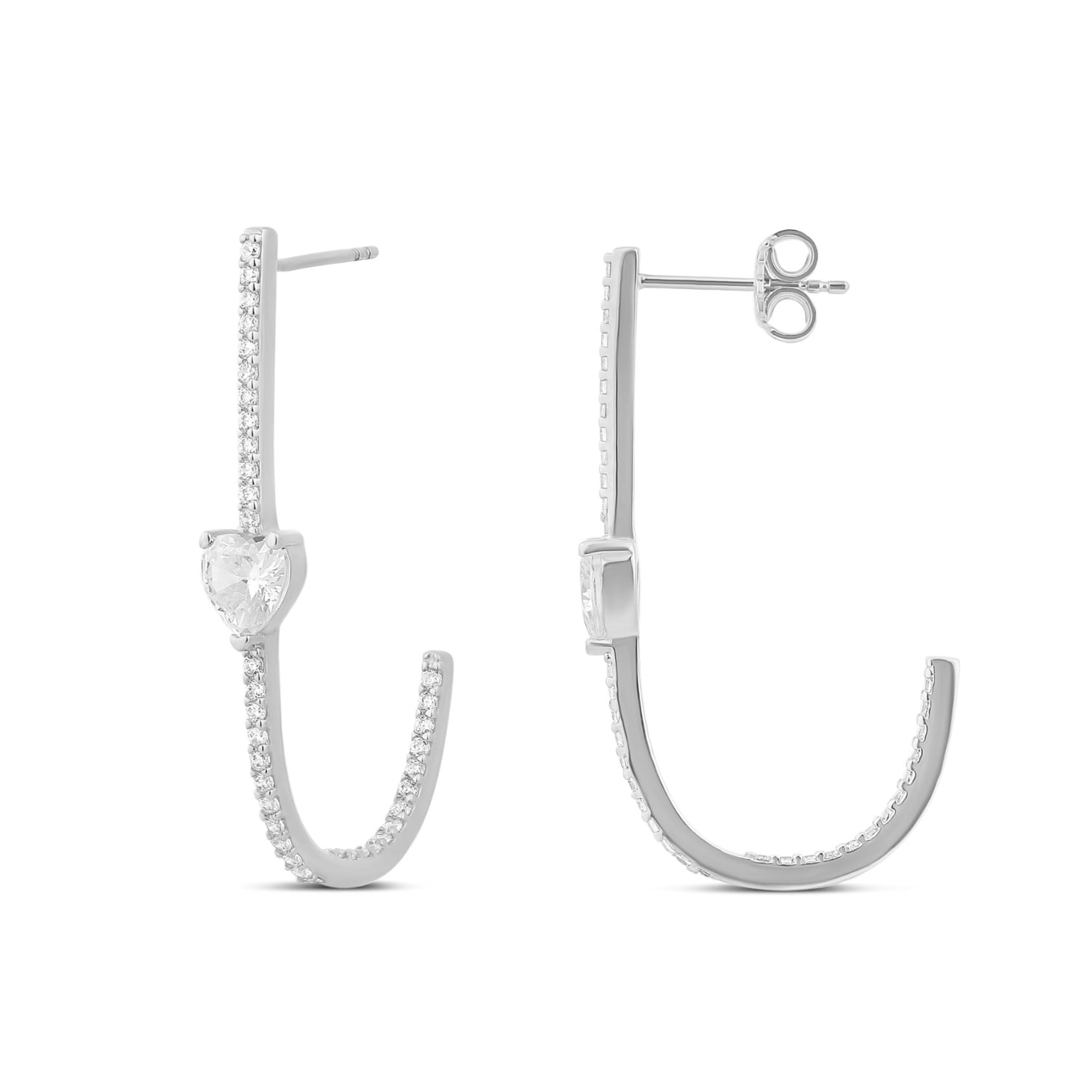 Solitaire Heart Pave J Hoop Earrings - Silver