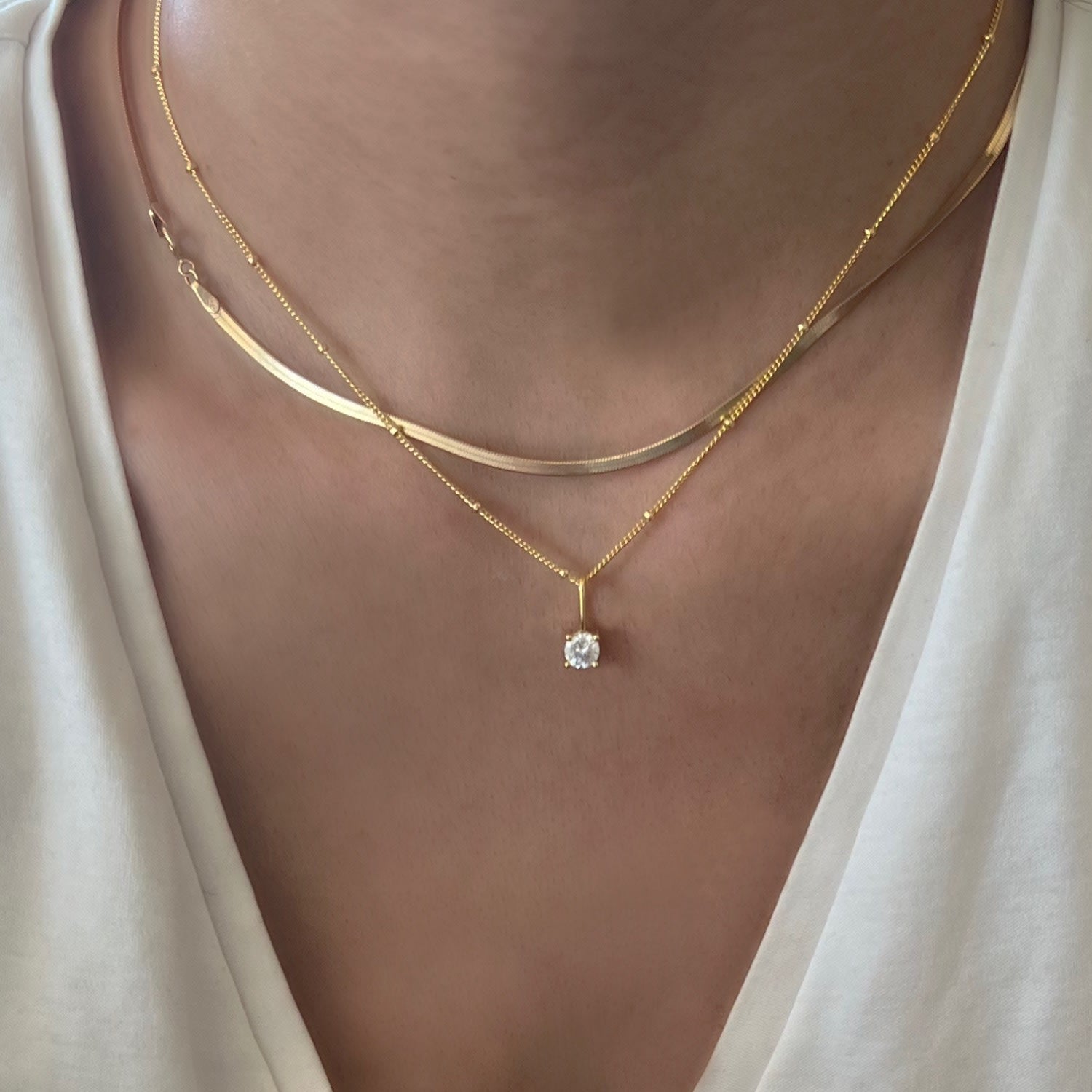 Solitaire Pendant Gold Beaded Necklace