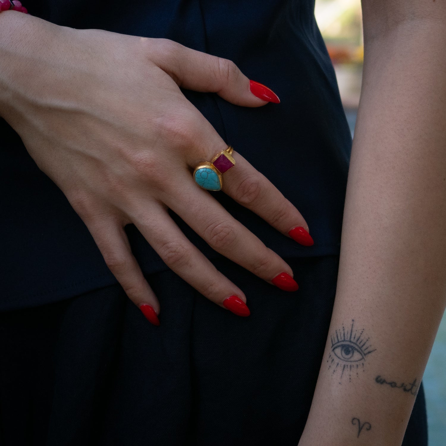 Soul Fire Turquoise & Ruby Gemstone Ring - Multicolour