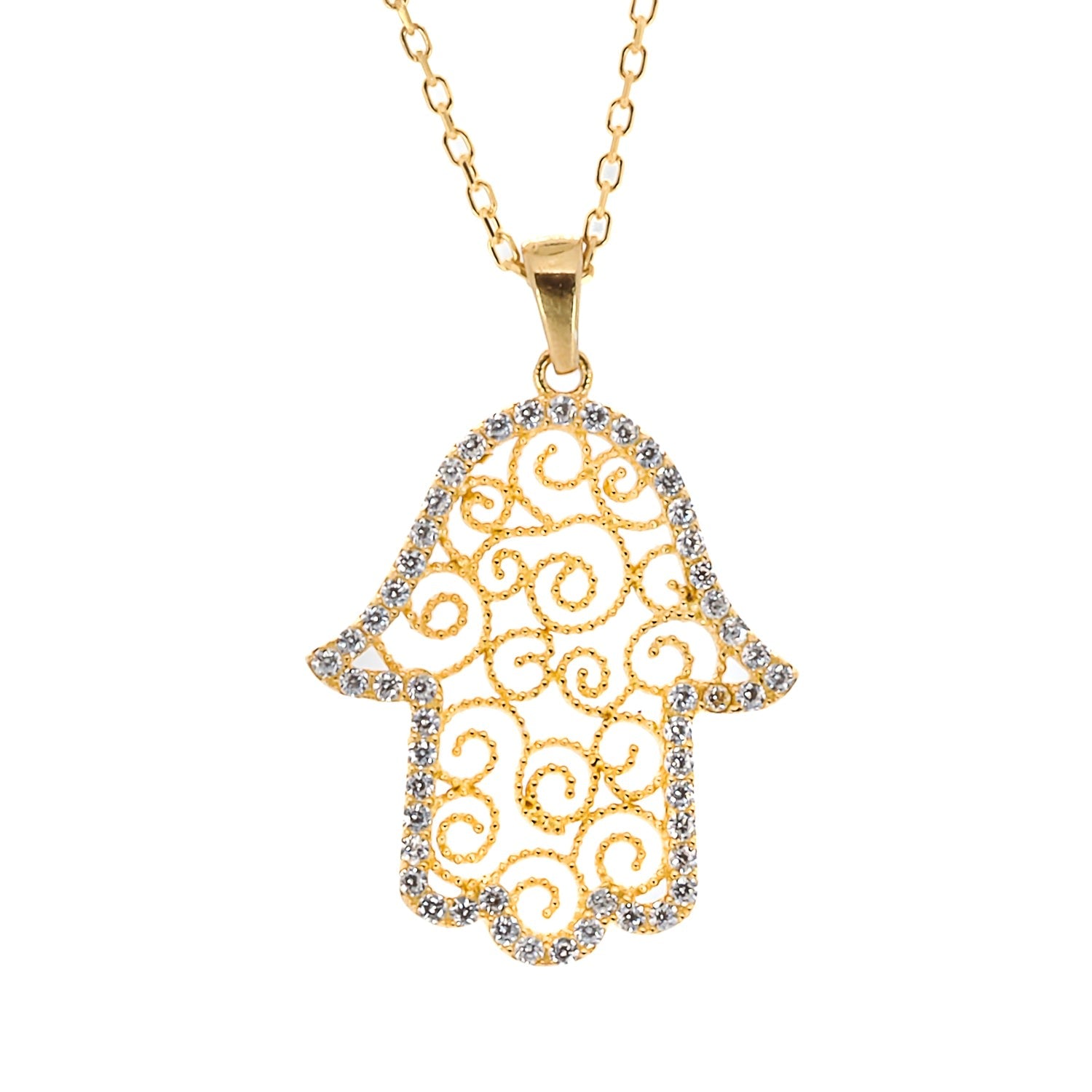 Spiral Design Hamsa Gold & Diamond Necklace - Gold