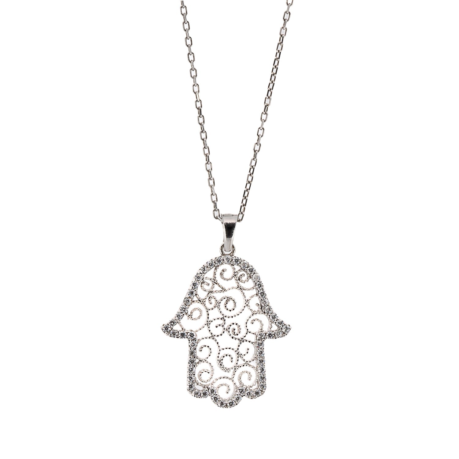Spiral Design Hamsa Sterling Silver & Diamond Necklace - Silver