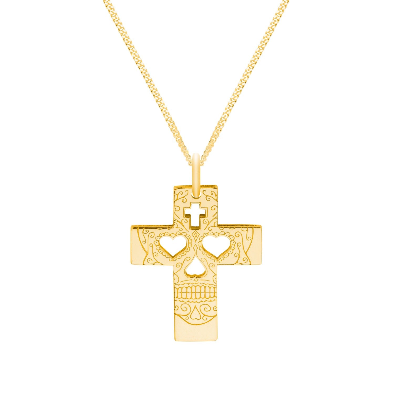 Small Gold Sugar Skull Cross Pendant Necklace
