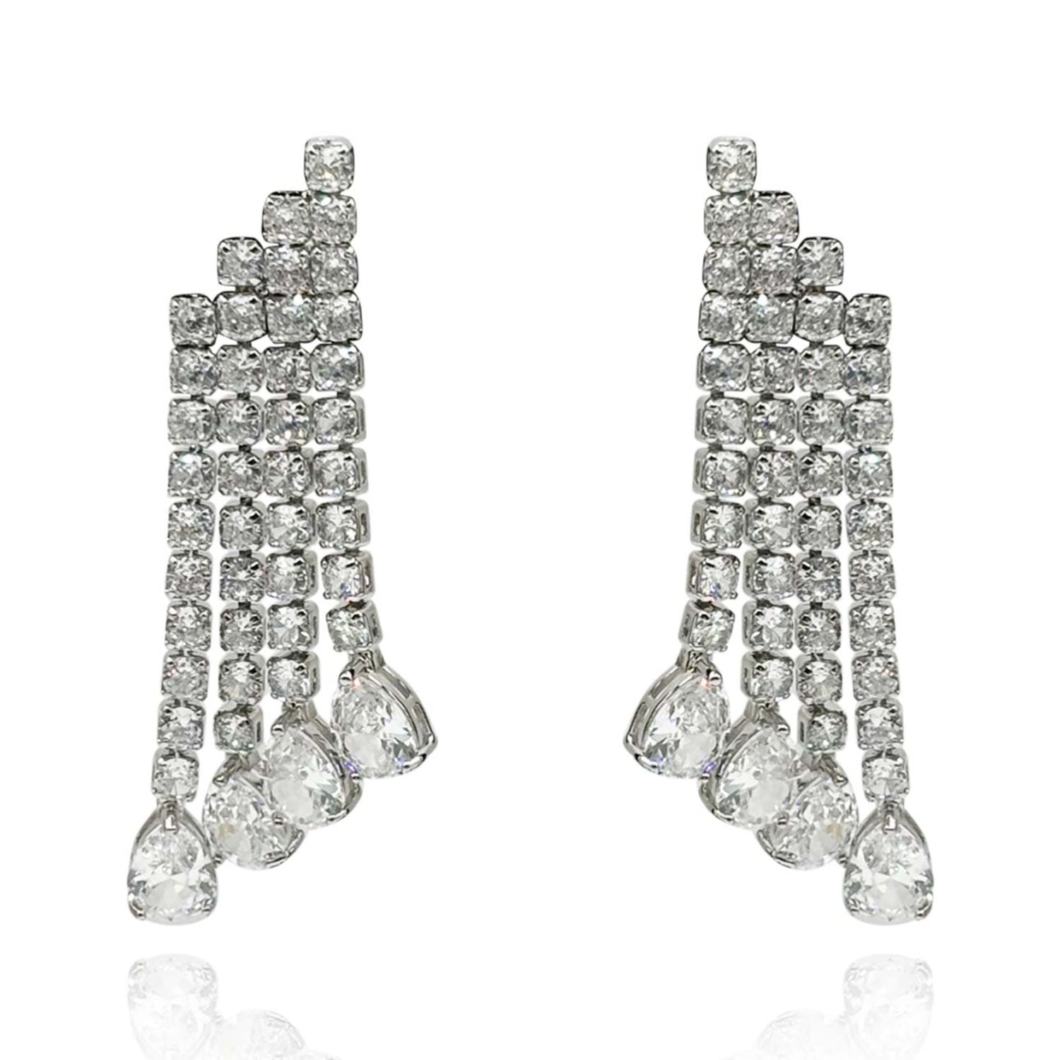 Sparkling Cubic Zirconia Rhodium Plated Earrings With Pear-Shaped Drop Stones
