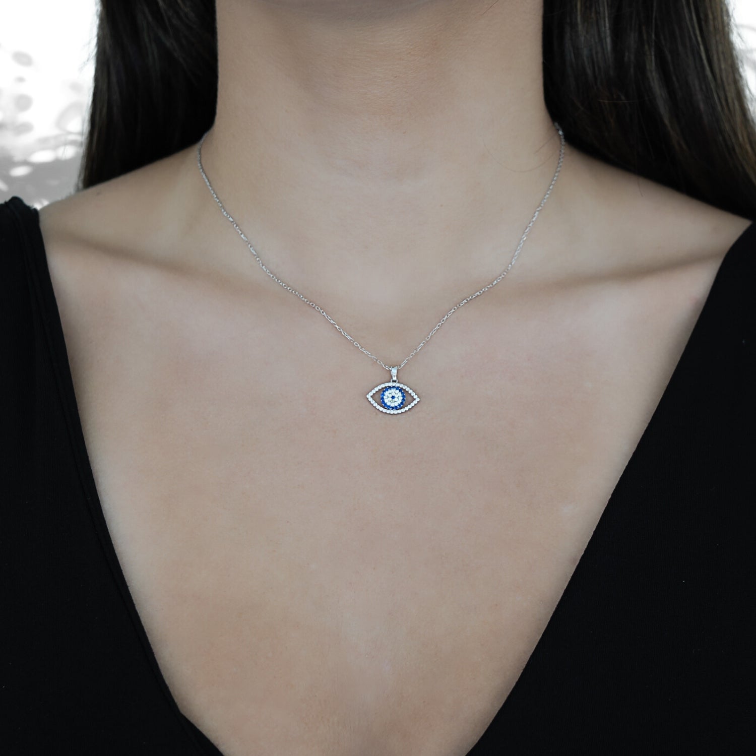 Sparkly Evil Eye Sterling Silver Necklace - Silver