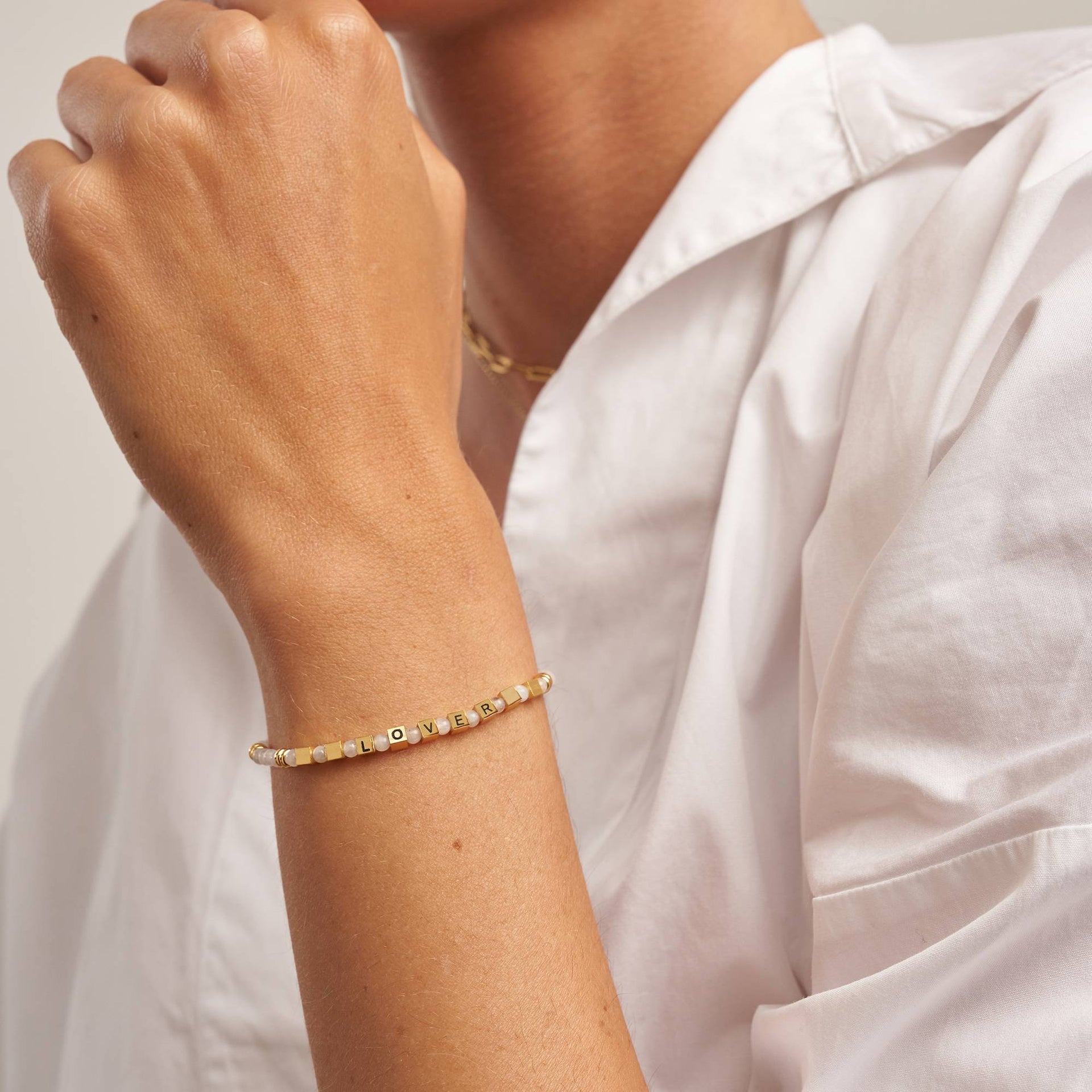 Speak Now Beaded Bracelet with White Moon Stones in 18K Gold Plating