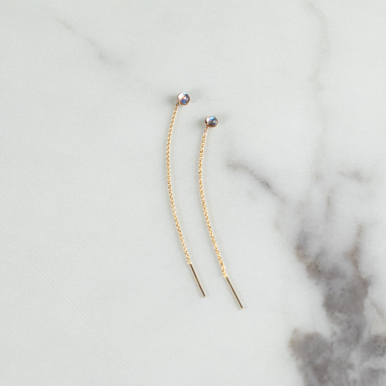 Speedway Four Millimeter Gemstone Threader Post Earrings - Rainbow Moonstone - Goldfilled