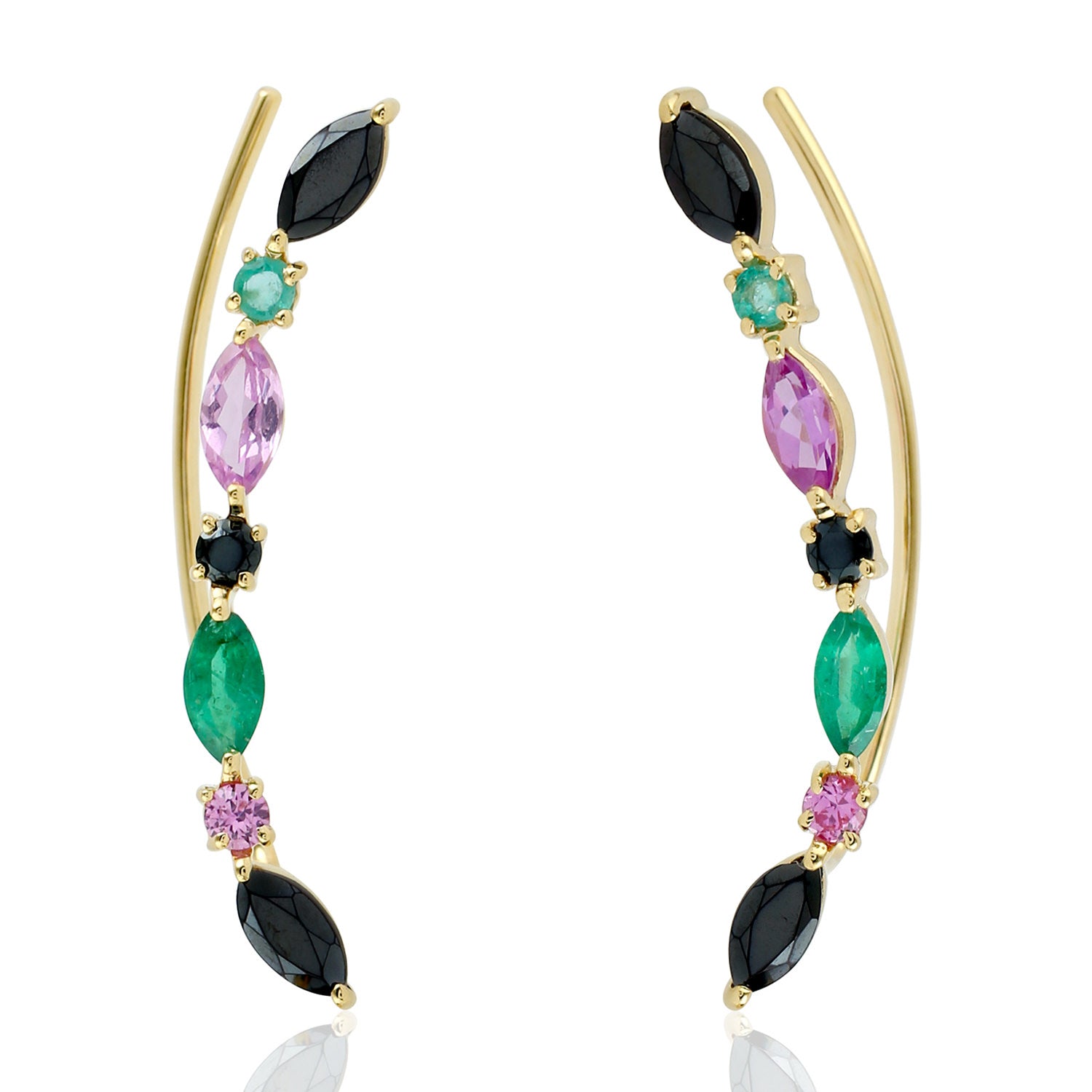 18K Gold Ear Climbers With Spinel, Pink Sapphire & Emerald