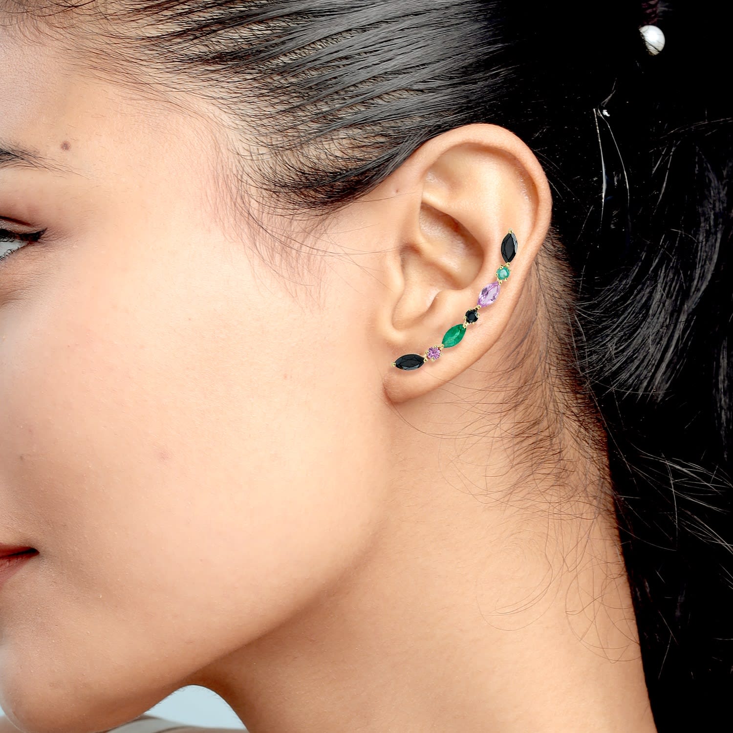 18K Gold Ear Climbers With Spinel, Pink Sapphire & Emerald