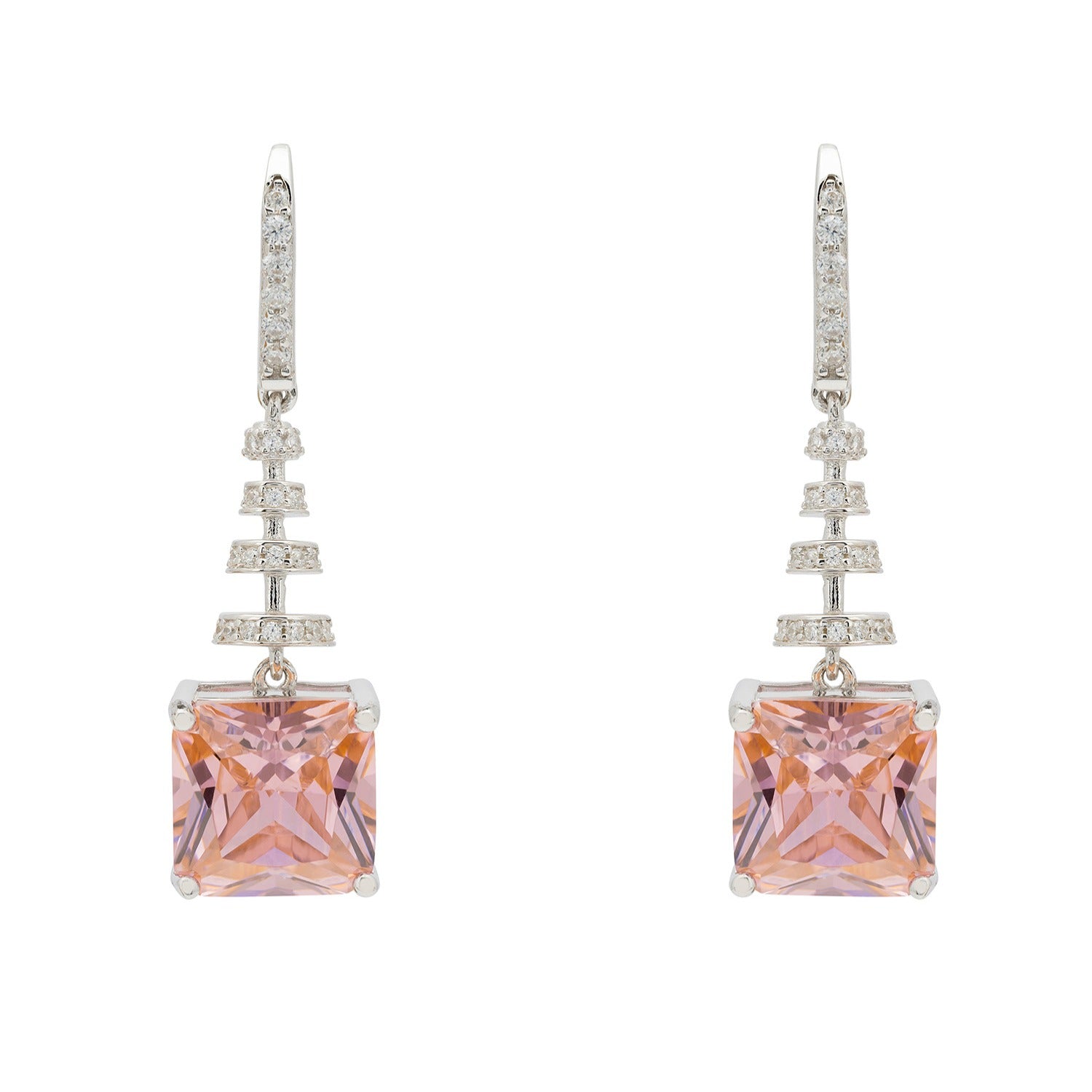 Spiral Square Crystal Drop Earrings Morganite Pink Silver