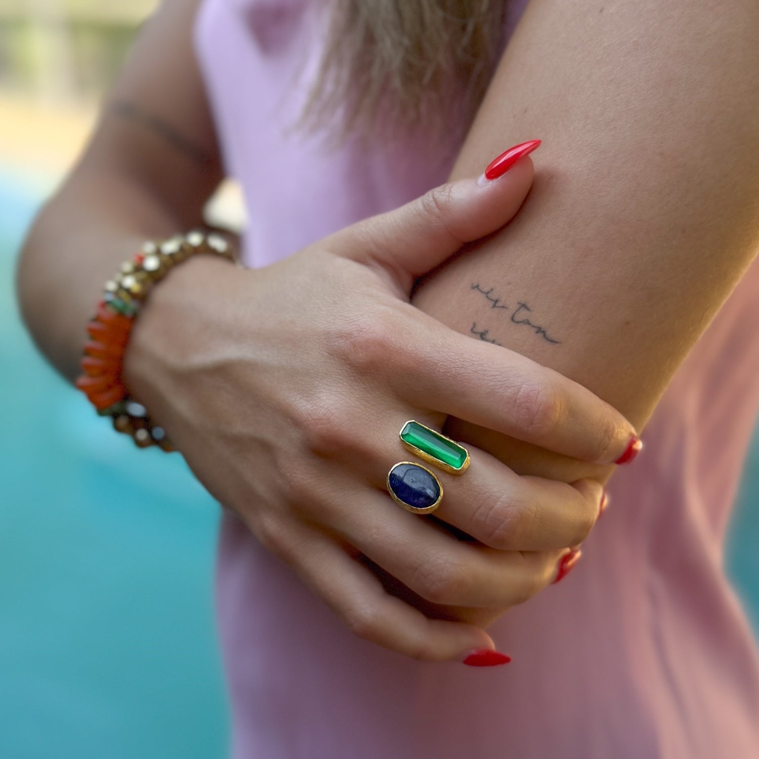 Spirit Garden Green Enamel & Amethyst Adjustable Gemstone Ring - Green