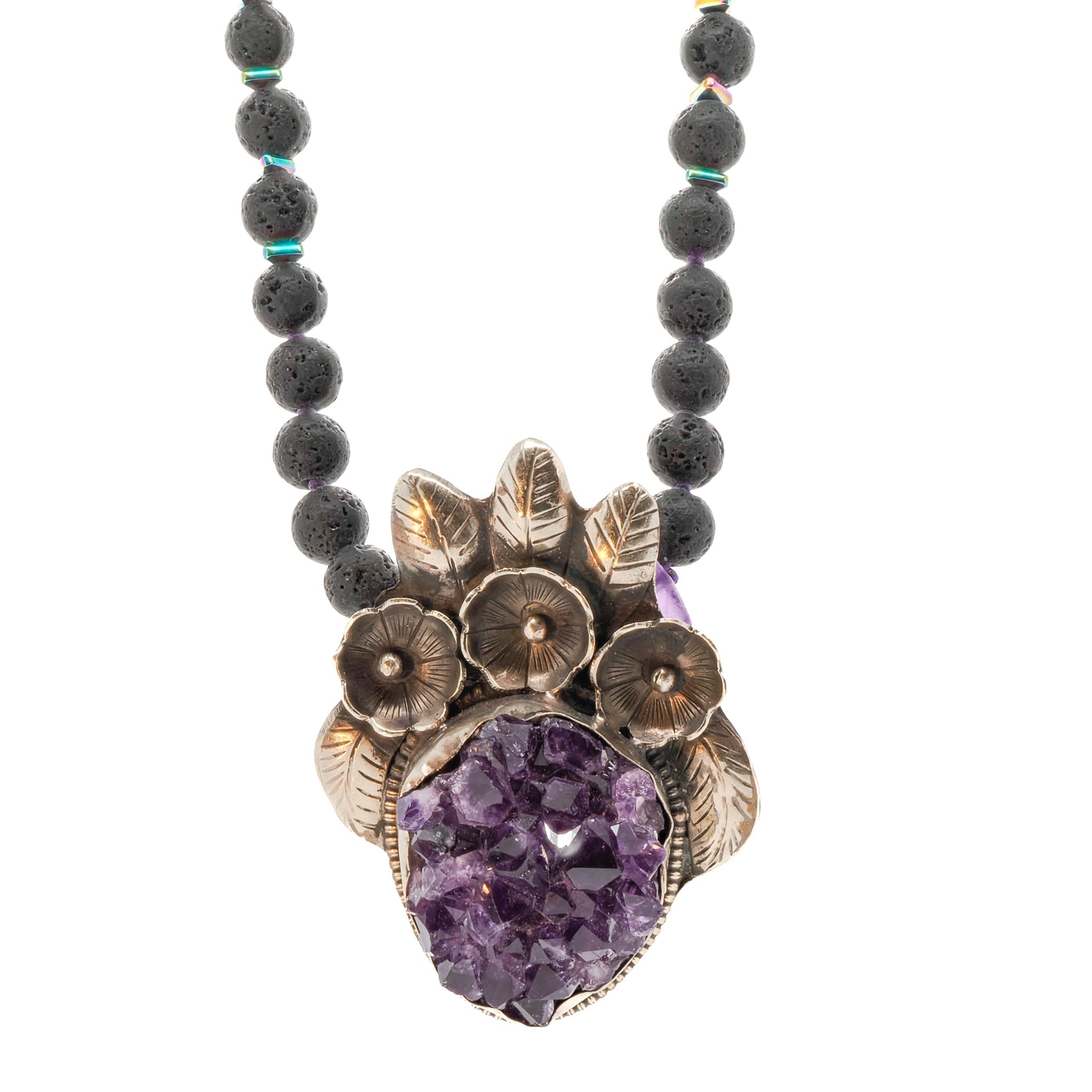 Spiritual Healing Gemstone Amethyst Pendant Black Beaded Necklace - Purple