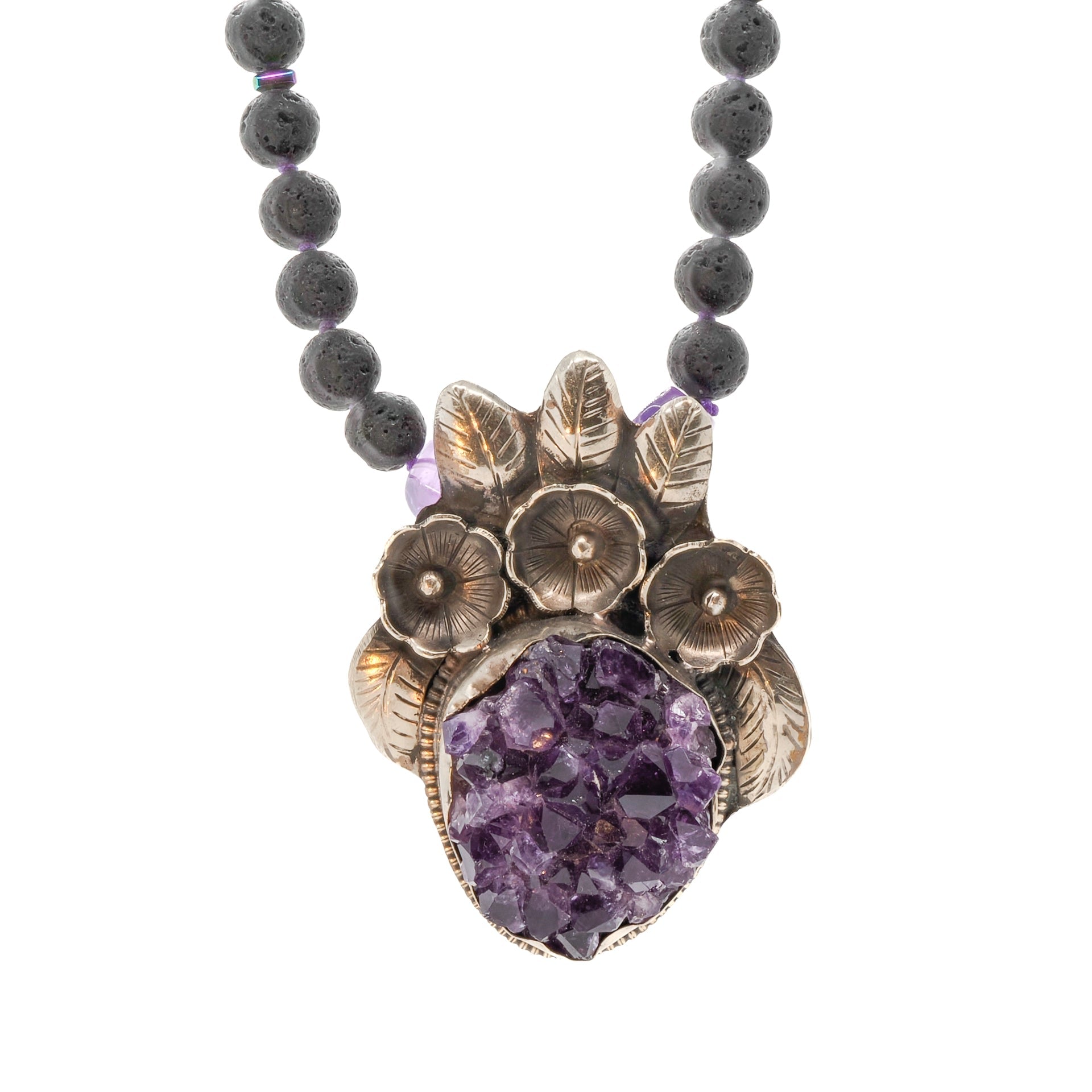 Spiritual Healing Gemstone Amethyst Pendant Black Beaded Necklace - Purple