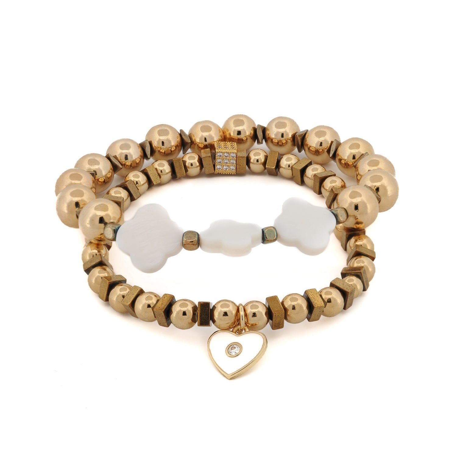 Spiritual Heart & Lucky Clover Gold Beaded Bracelet Set - White