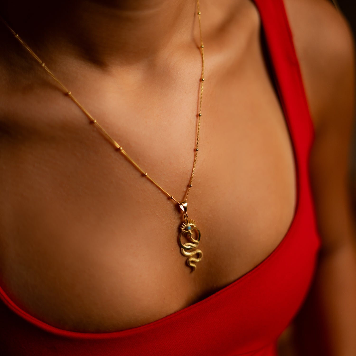 Spiritual Snake & Evil Eye Design Unique Gold Necklace - Gold