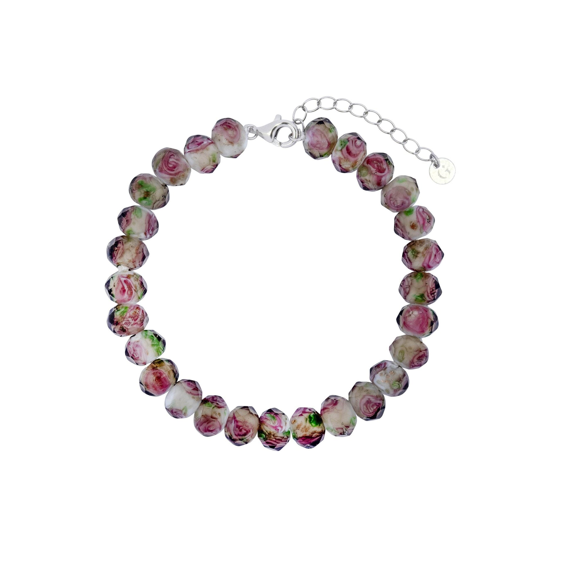 Spring Rose Glass Beaded Bracelet In Silver