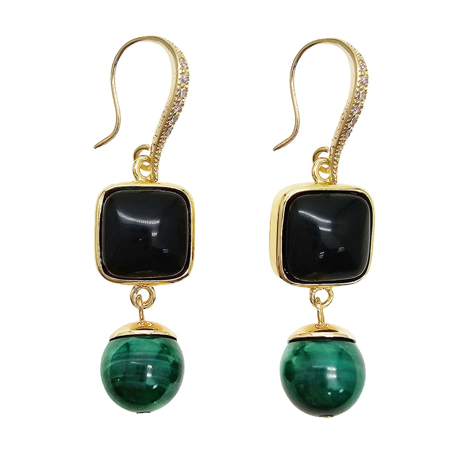 Square Black Obsidian With Malachite Earrings