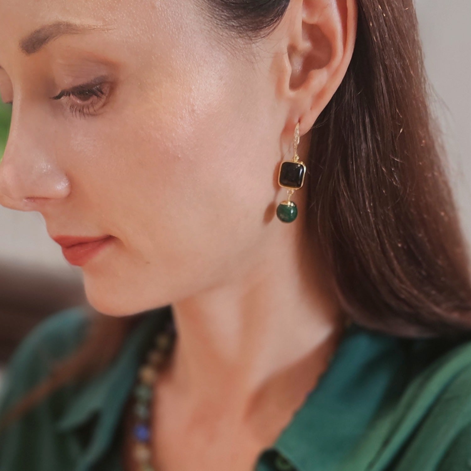 Square Black Obsidian With Malachite Earrings