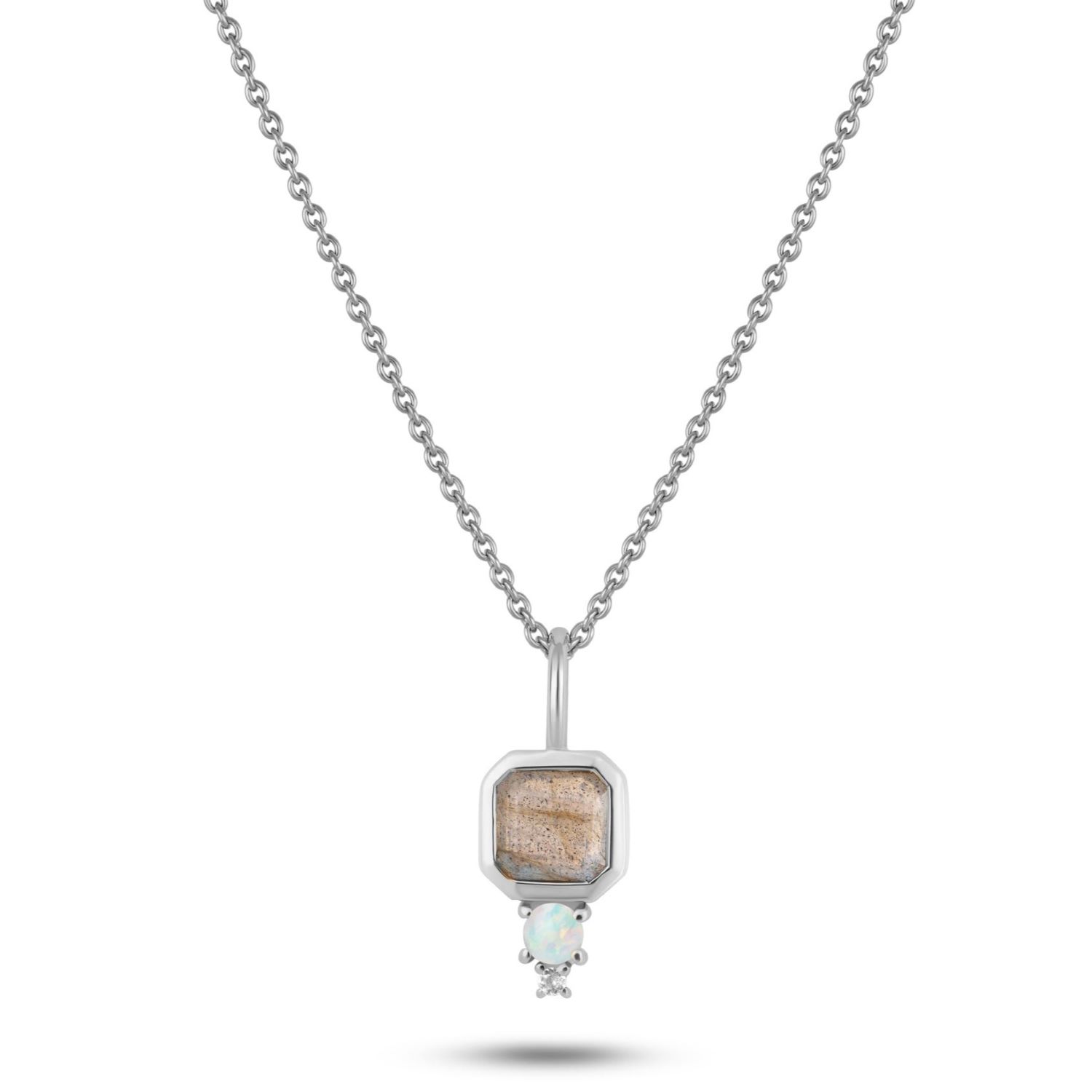 Square Labradorite, Opal & White Sapphire Pendant Sterling Silver