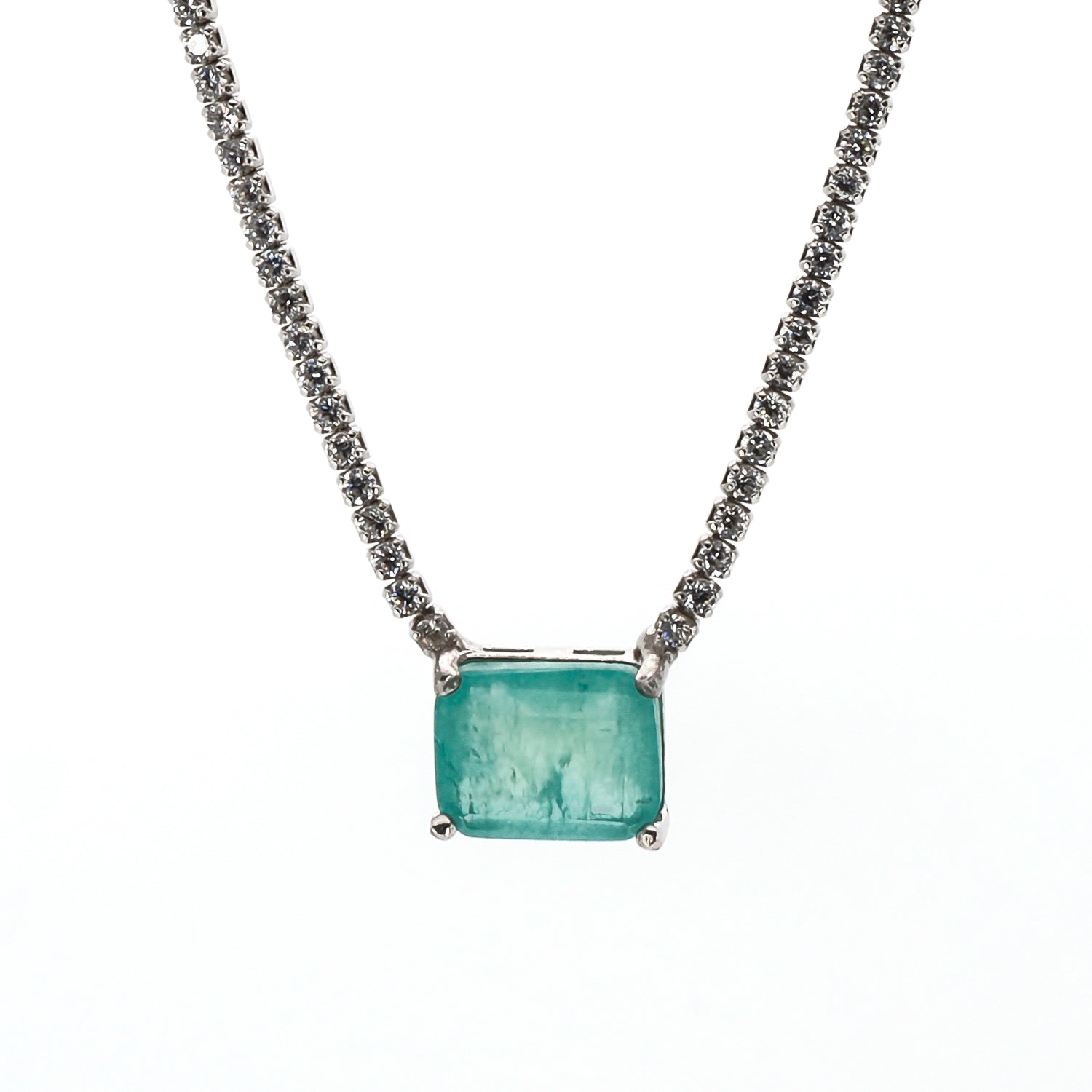 Square Paraiba Tourmaline Diamond Chain Happy Necklace - Blue