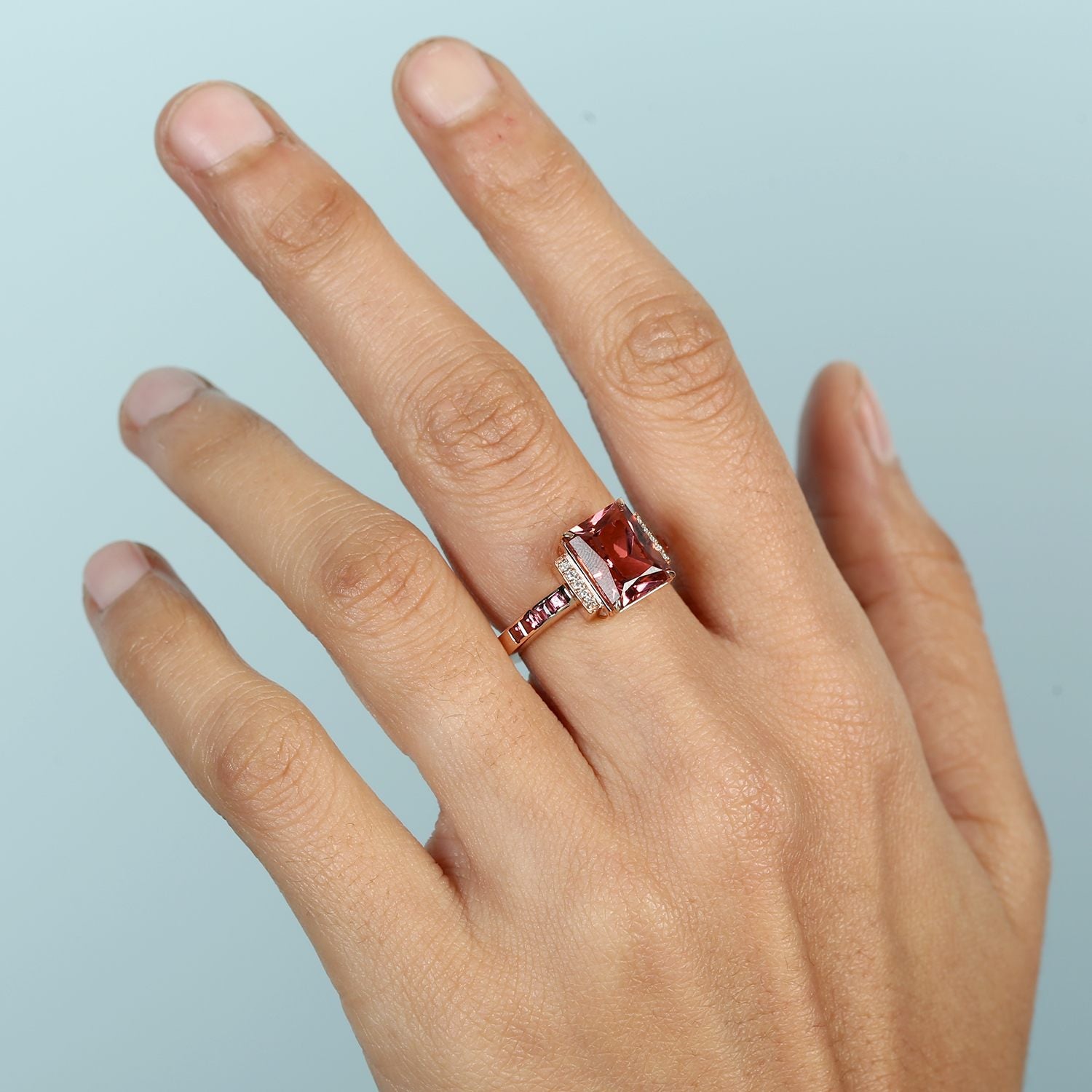 Square Pink Tourmaline & Diamond Cocktail Ring In Rose Gold