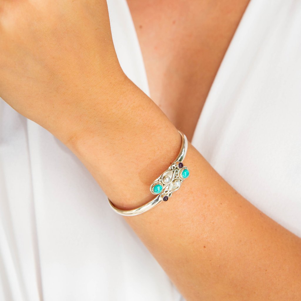 Sarisha Spirit Silver Adjustable Bangle - Turquoise, Pearl & Amethyst