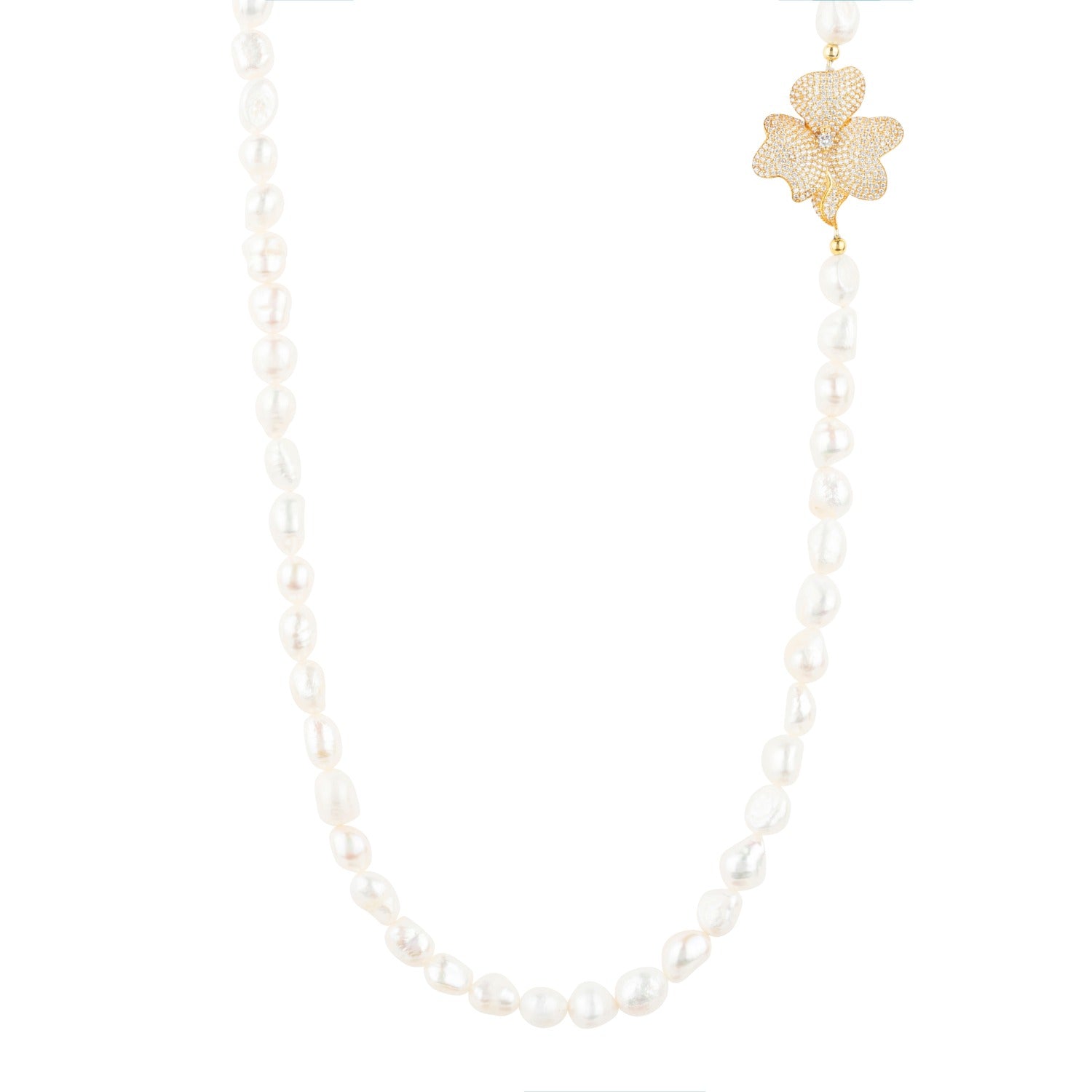 Flower Pearl Gemstone Long Necklace White Cz Gold