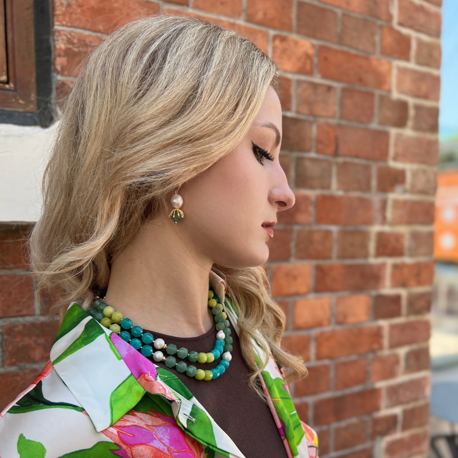 Double Strands Green & Blue Mixed Colors With Pearls Necklace