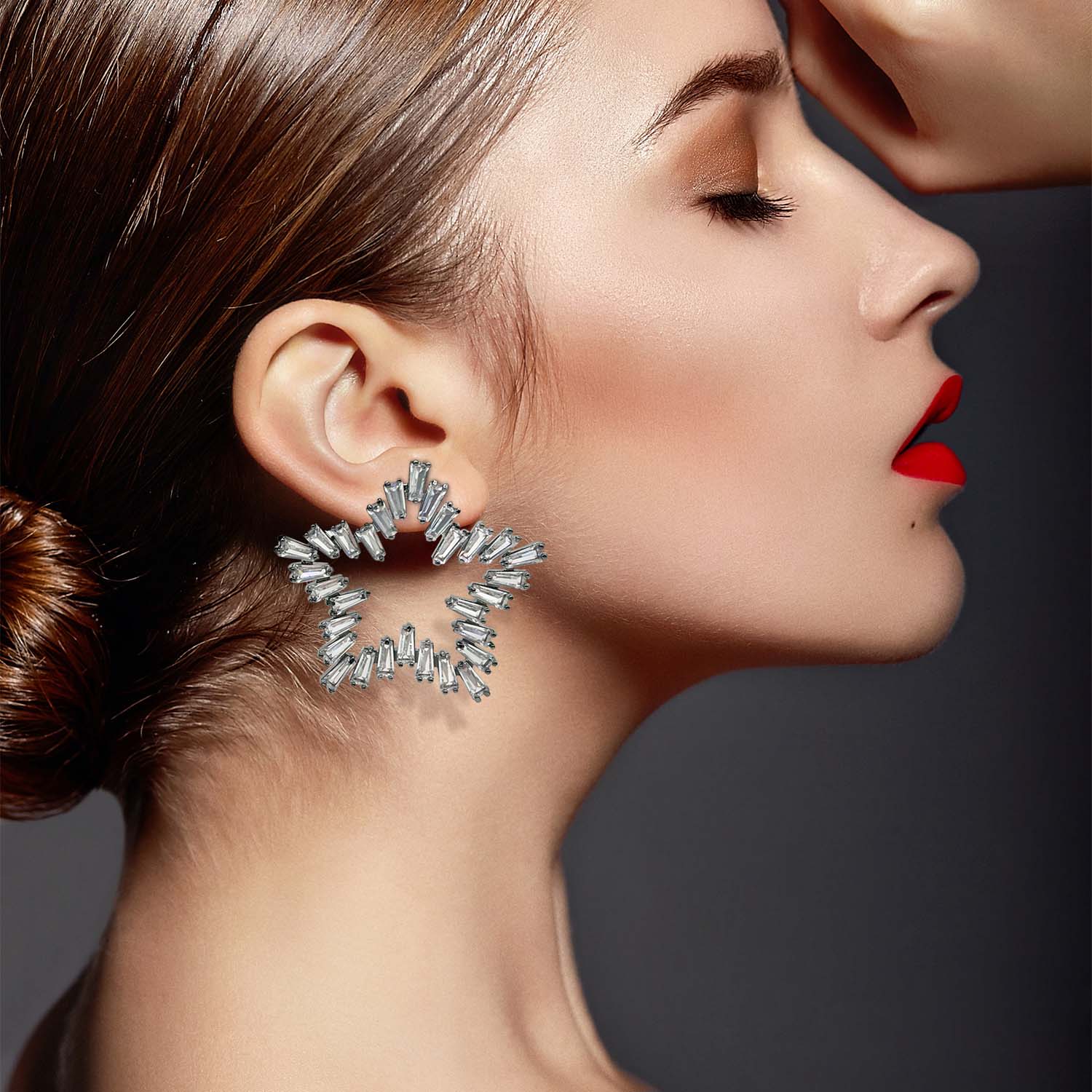 Star Crystal Baguette Earrings Set In Blackened Rhodium