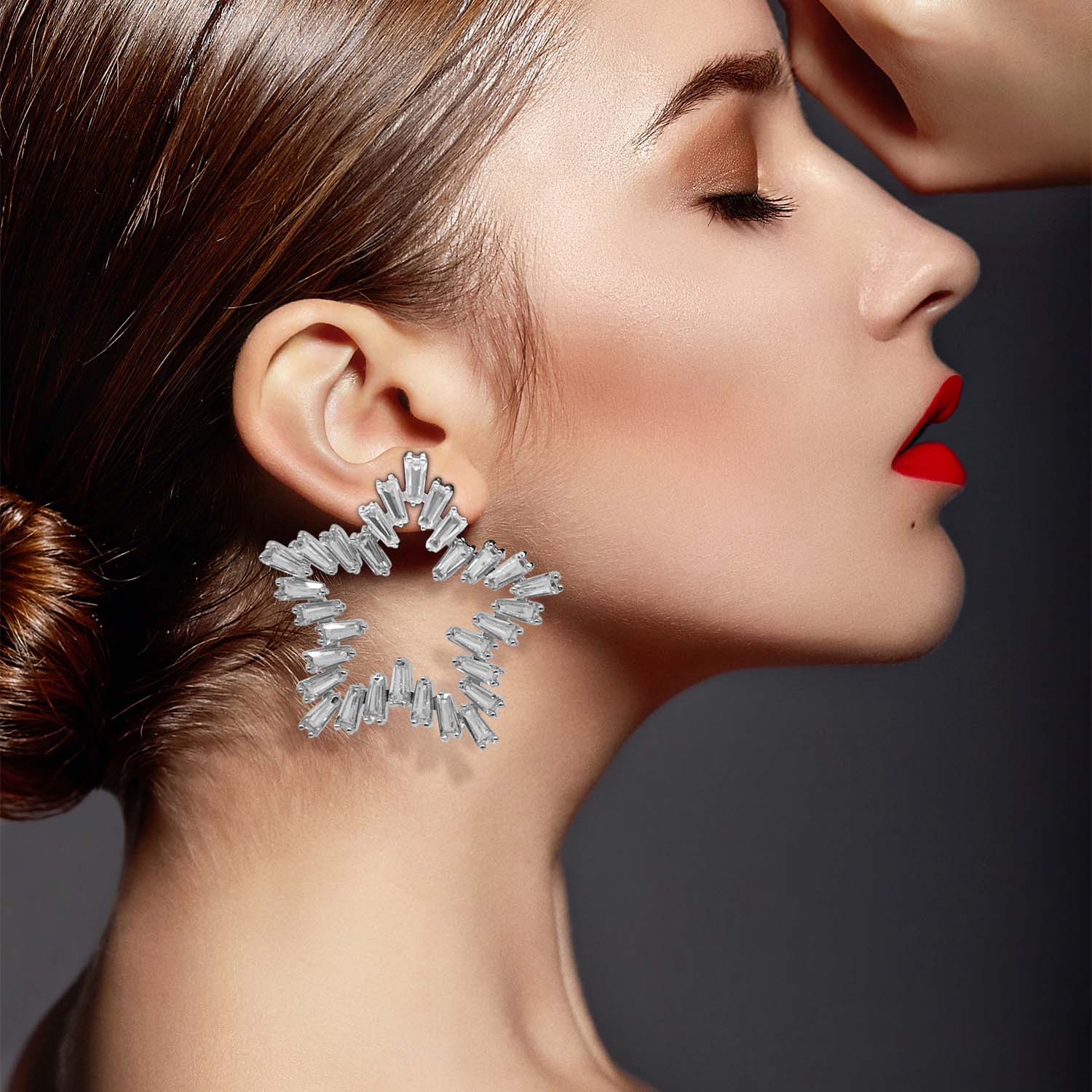 Star Crystal Baguette Earrings Set In Rhodium Plate