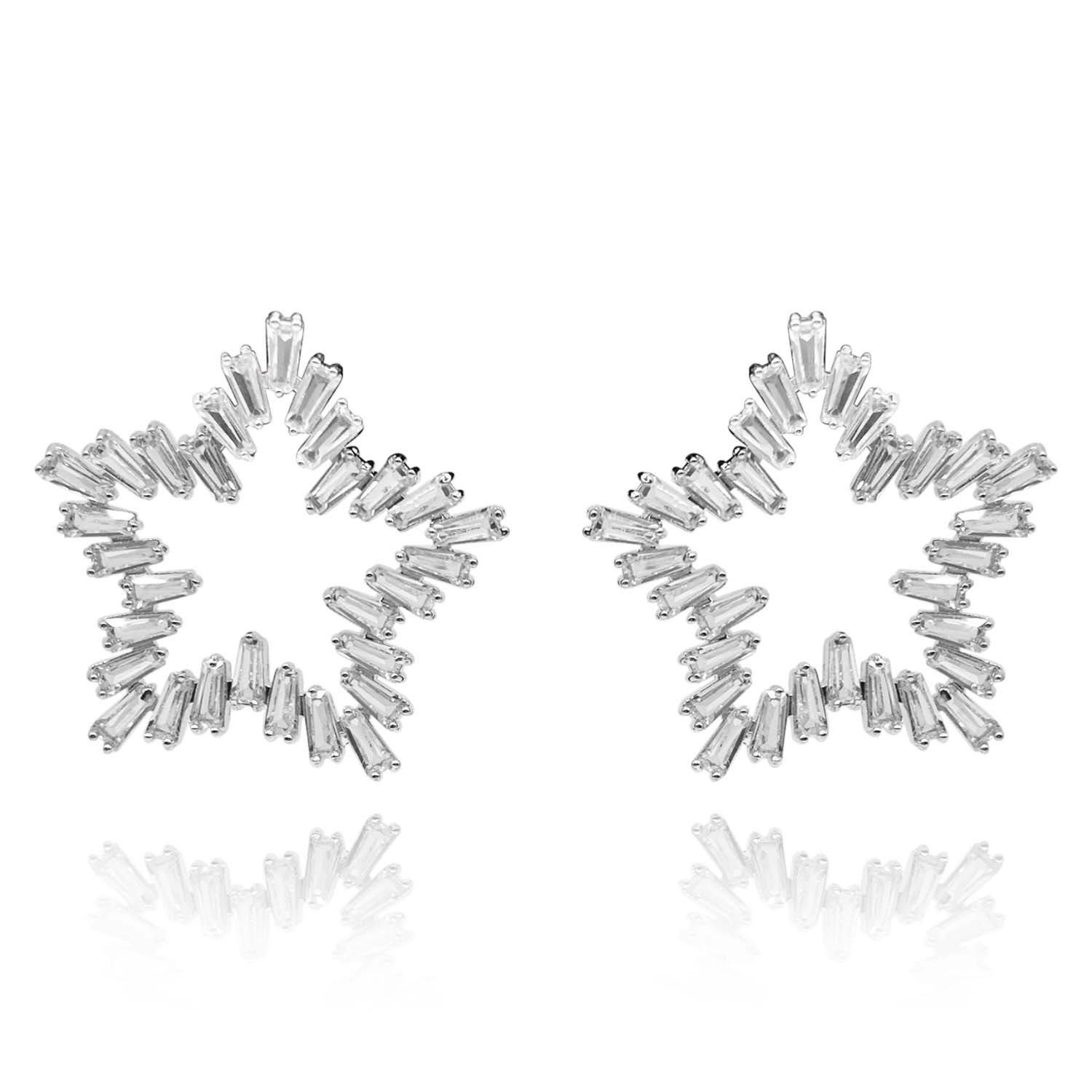 Star Crystal Baguette Earrings Set In Rhodium Plate
