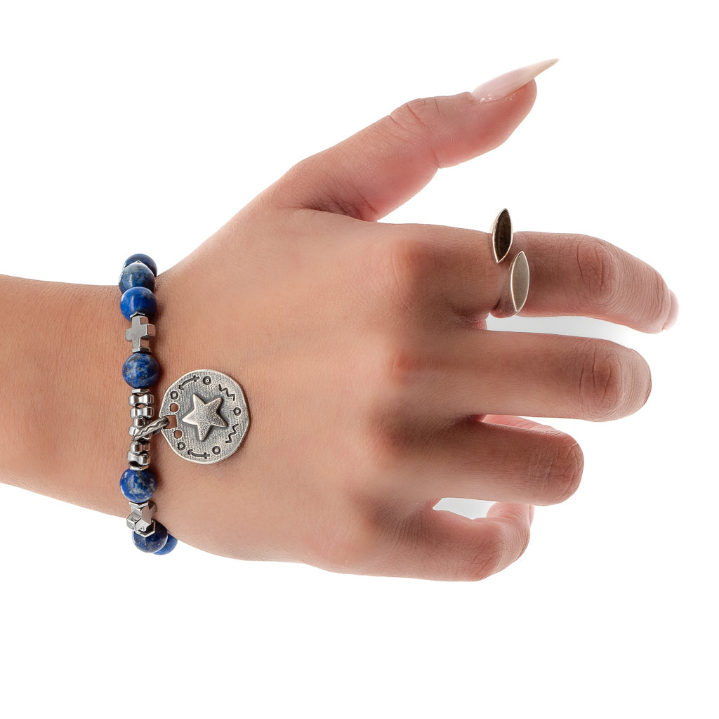Sterling Silver Star Charms Lapis Lazuli Stone Dream Bracelet - Blue
