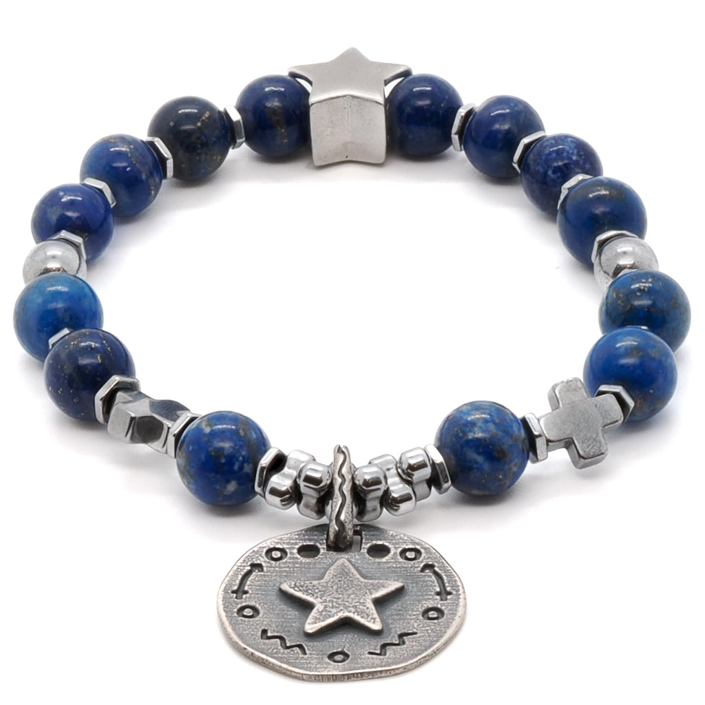 Sterling Silver Star Charms Lapis Lazuli Stone Dream Bracelet - Blue