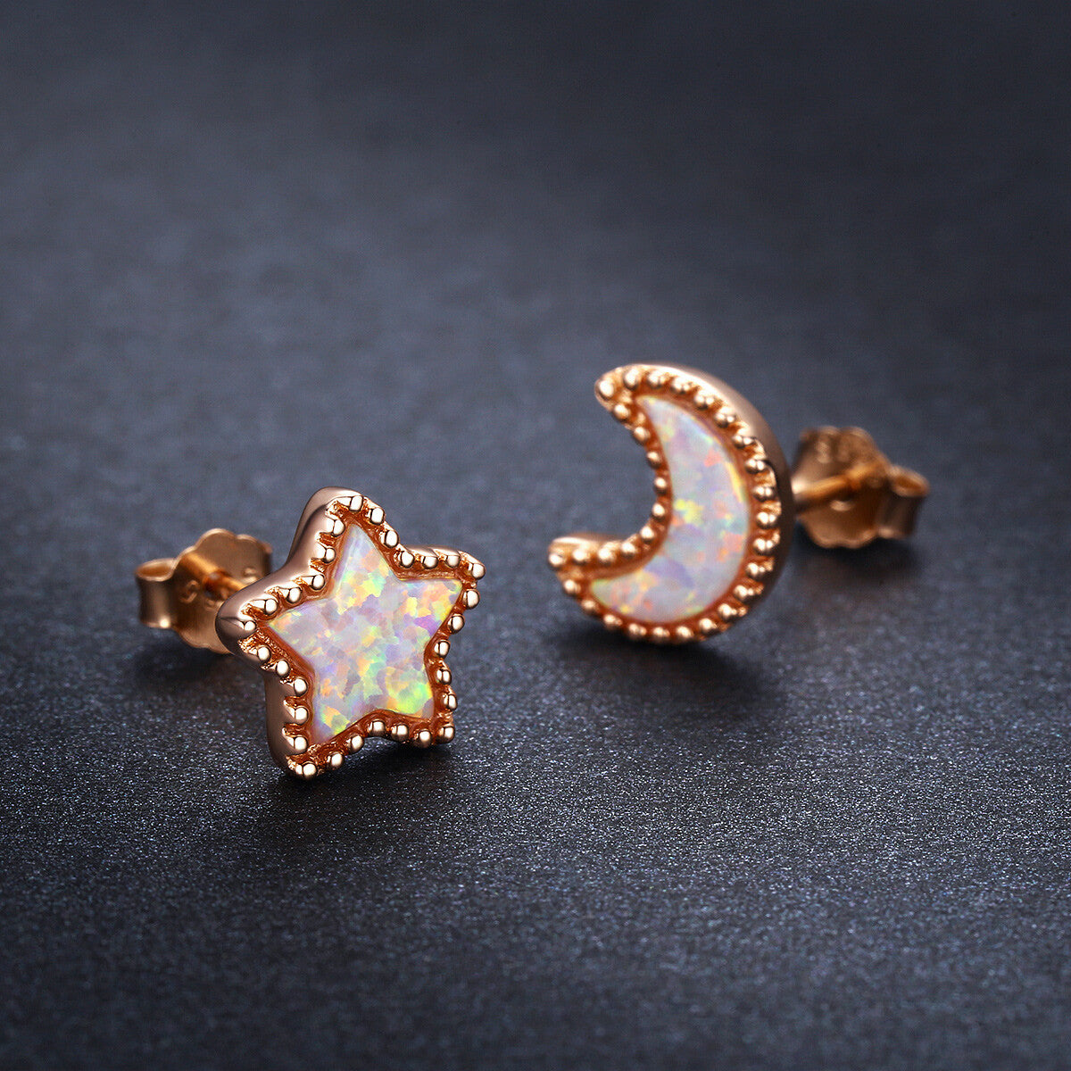 Sterling Silver with Rose gold plated Opal Moon & Stars Stud Earrings