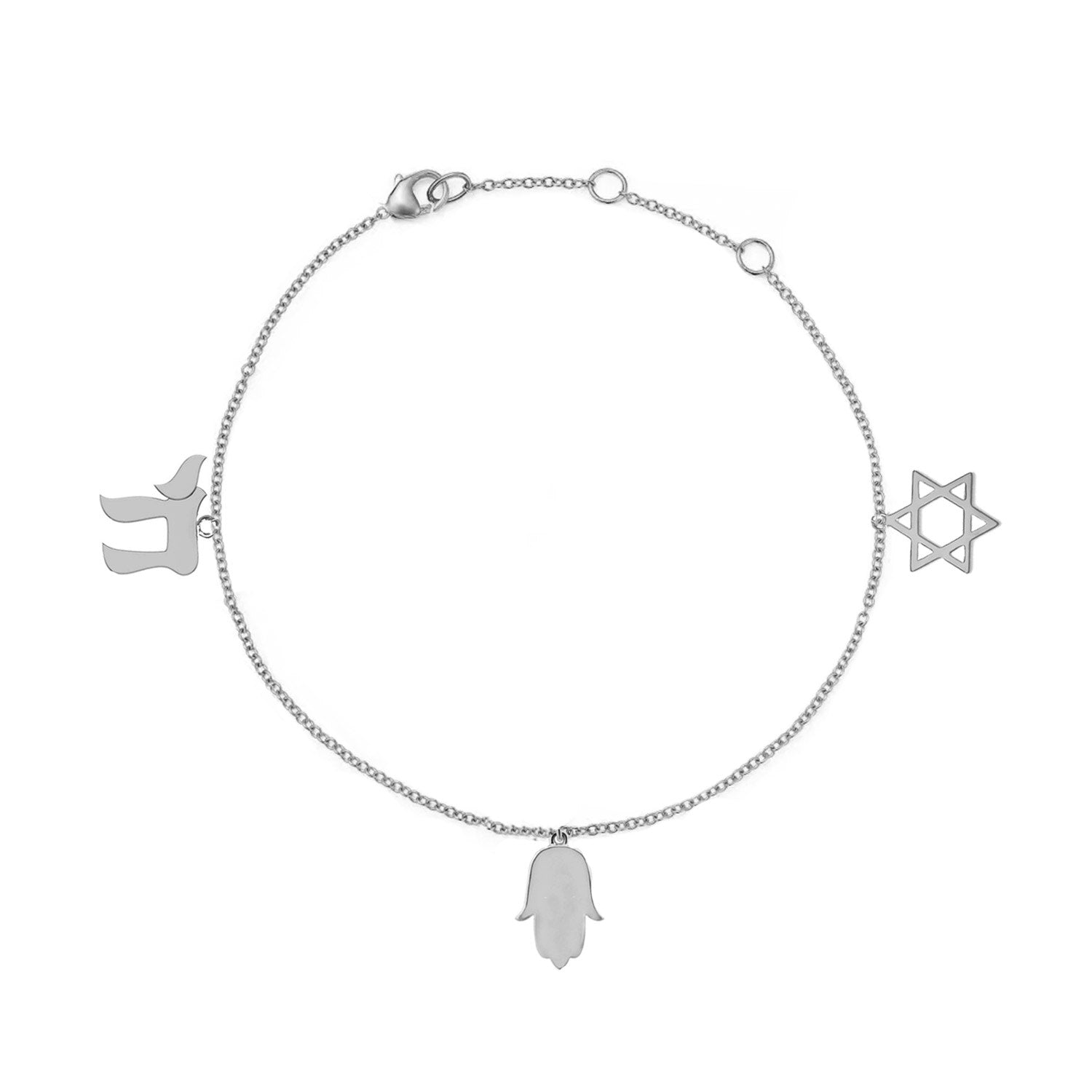 Star Of David Charm Hamsa Chai Bracelet Sterling Silver Jewish Protection