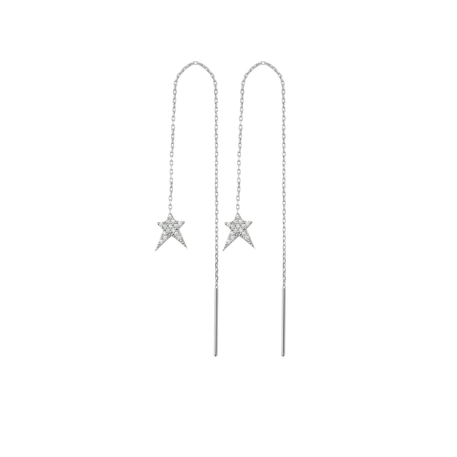 Star Starbust Sterling Silver Chain Drop Earring - Pair - Silver