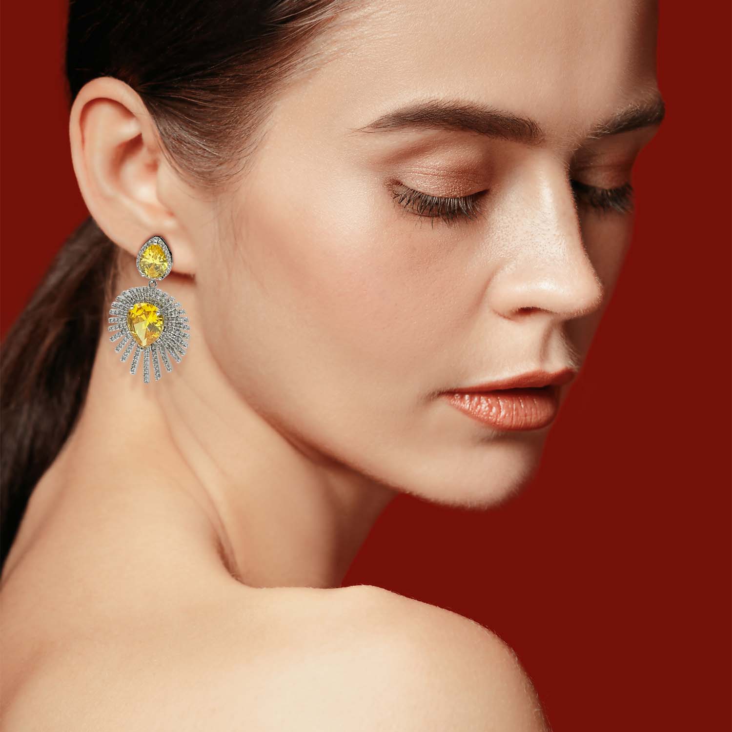 Starburst Cubic Zirconium Canary Pear Shape Drop Earrings