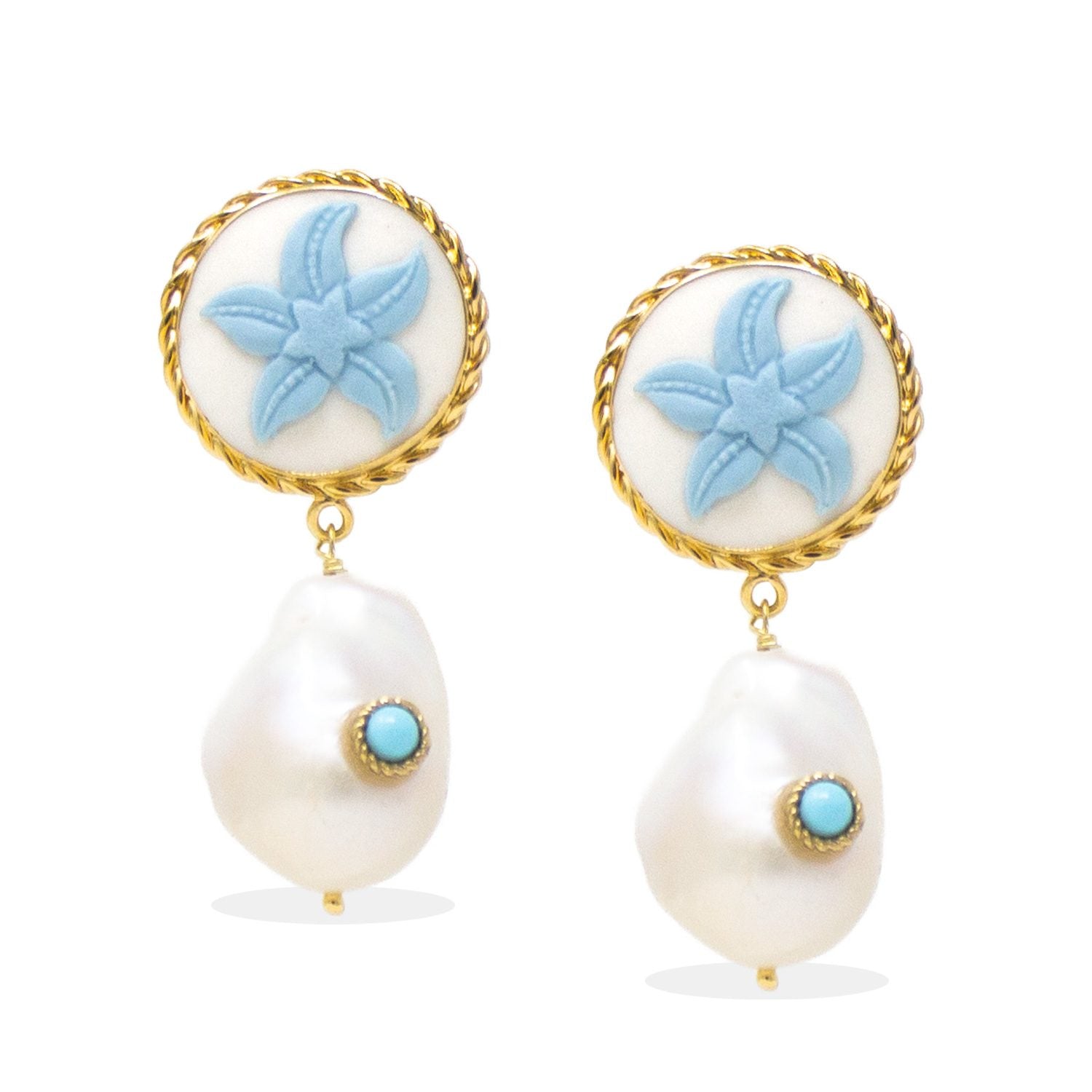 Starfish Cameo Earrings With Pearls And Turquoise