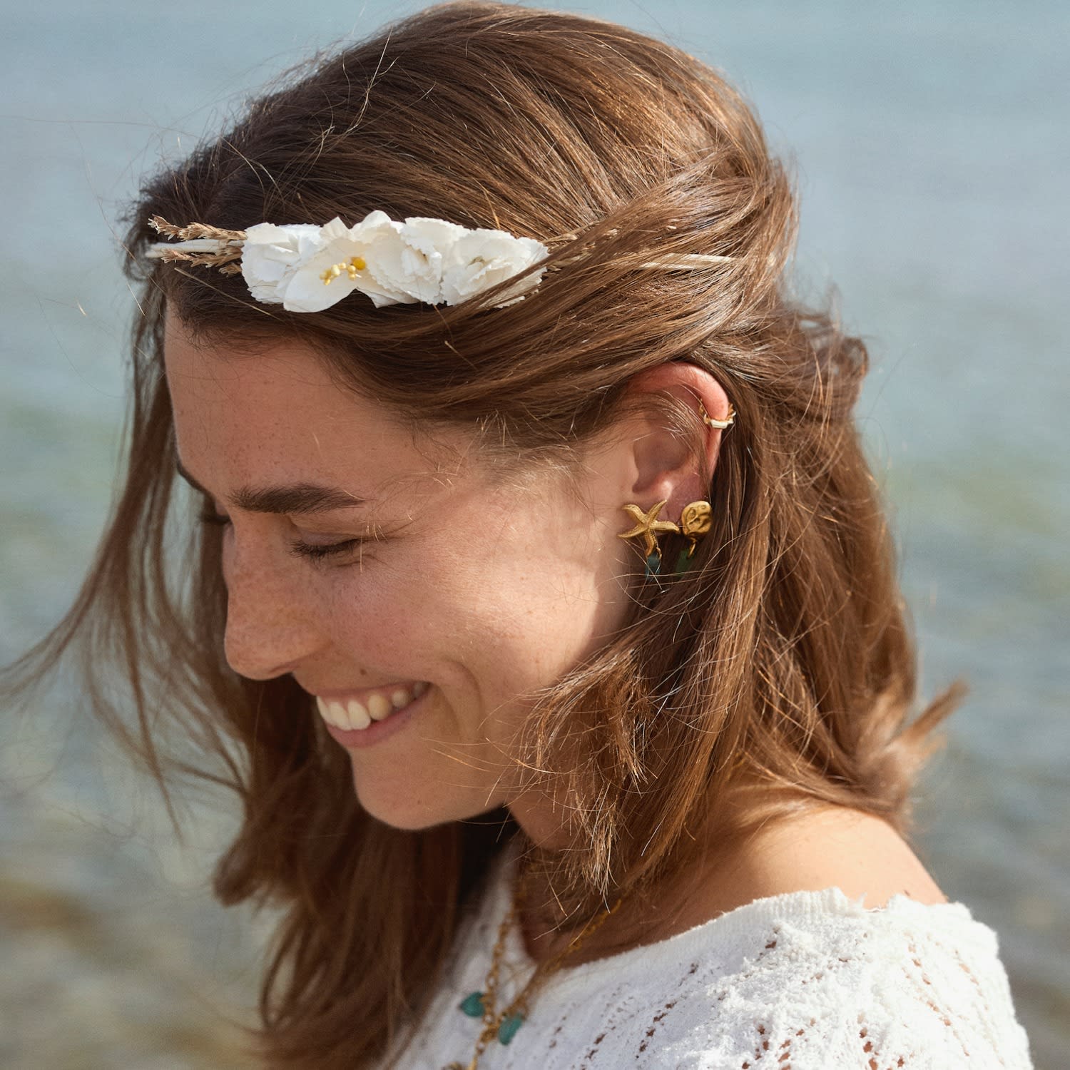 Starfish Earrings Blue Sea Glass Gold