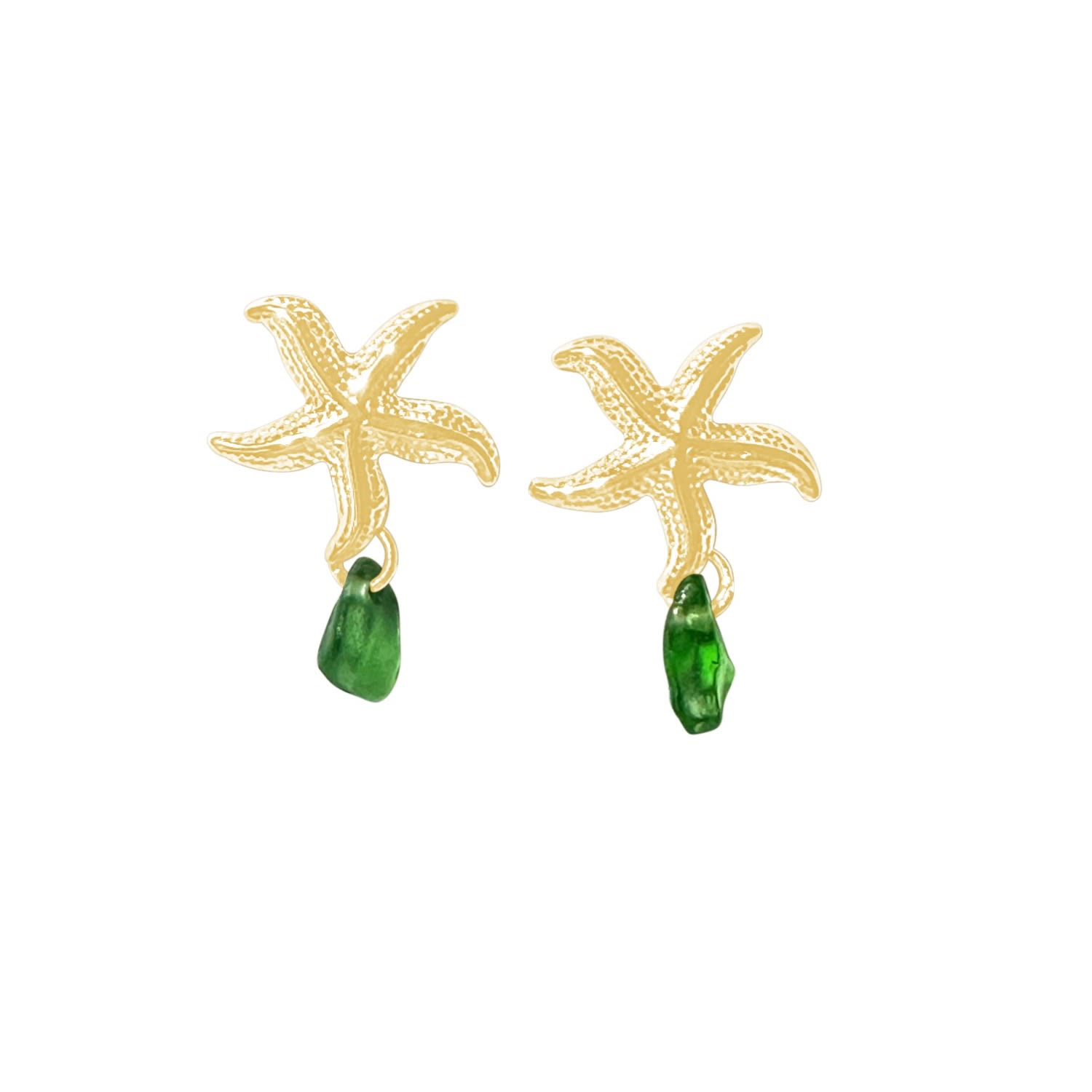 Starfish Earrings Green Sea Glass Gold