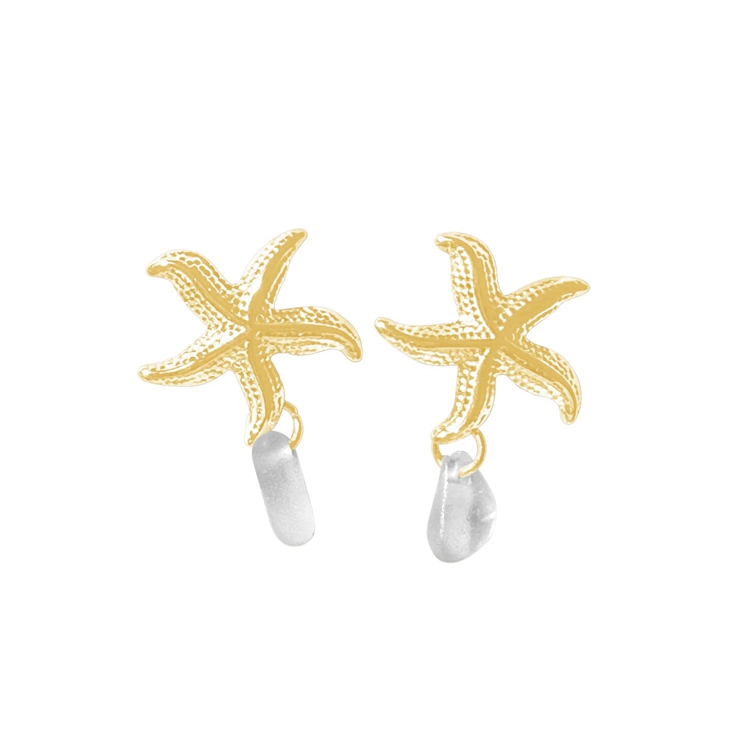 Starfish Earrings White Sea Glass Gold