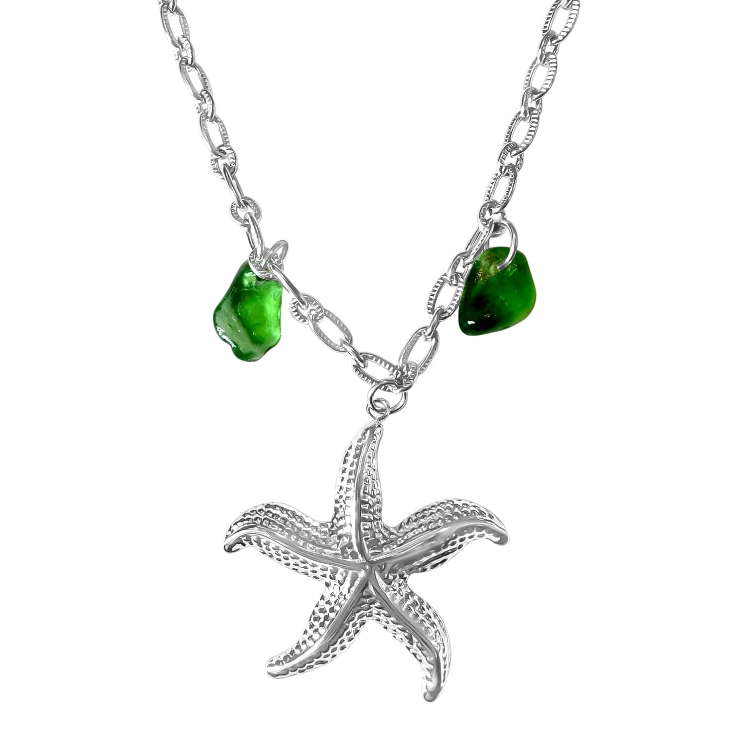 Starfish Green Sea Glass Necklace Steel